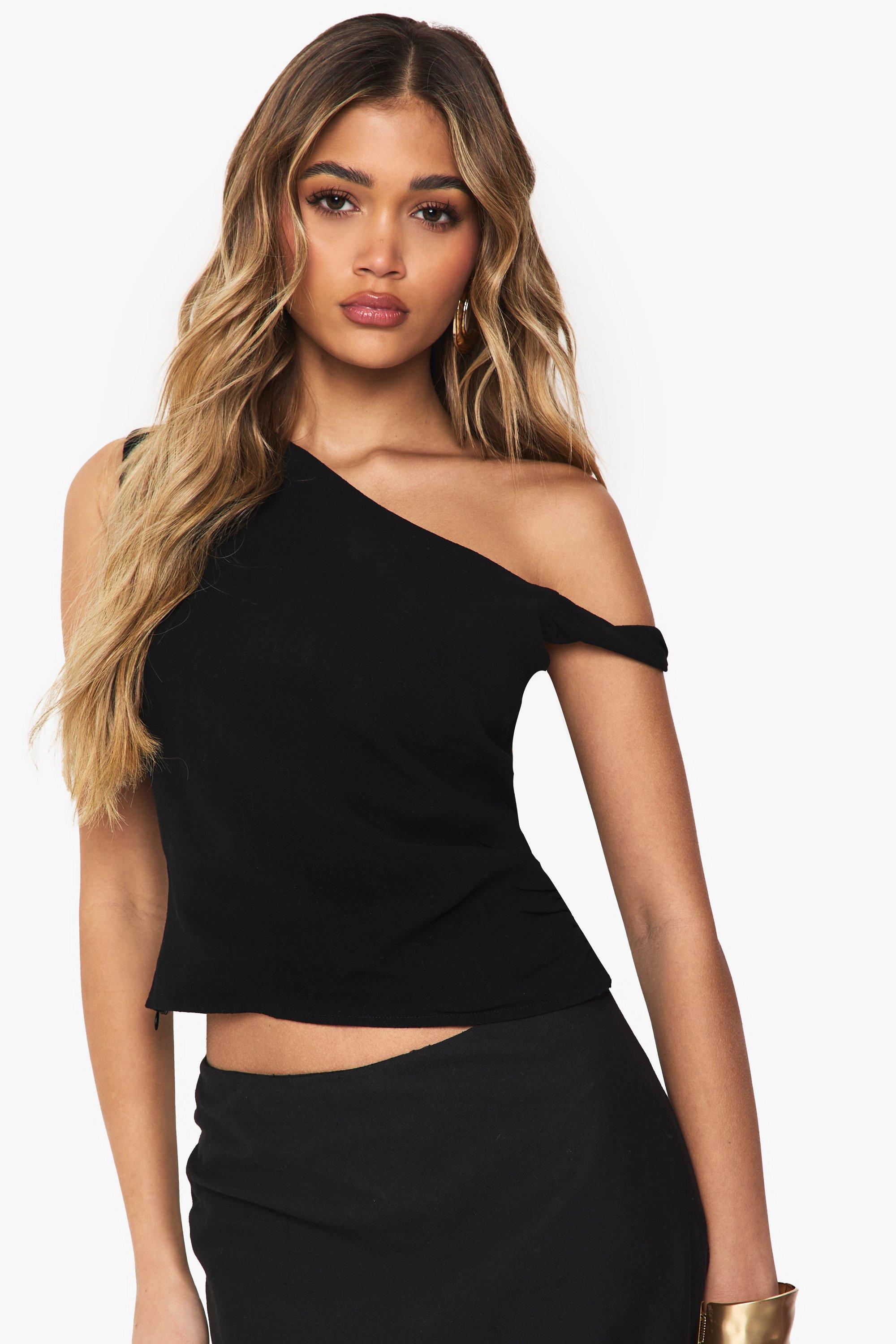 Boohoo Gedraaide Linnen Look Crop Top Met Open Schouders, Black
