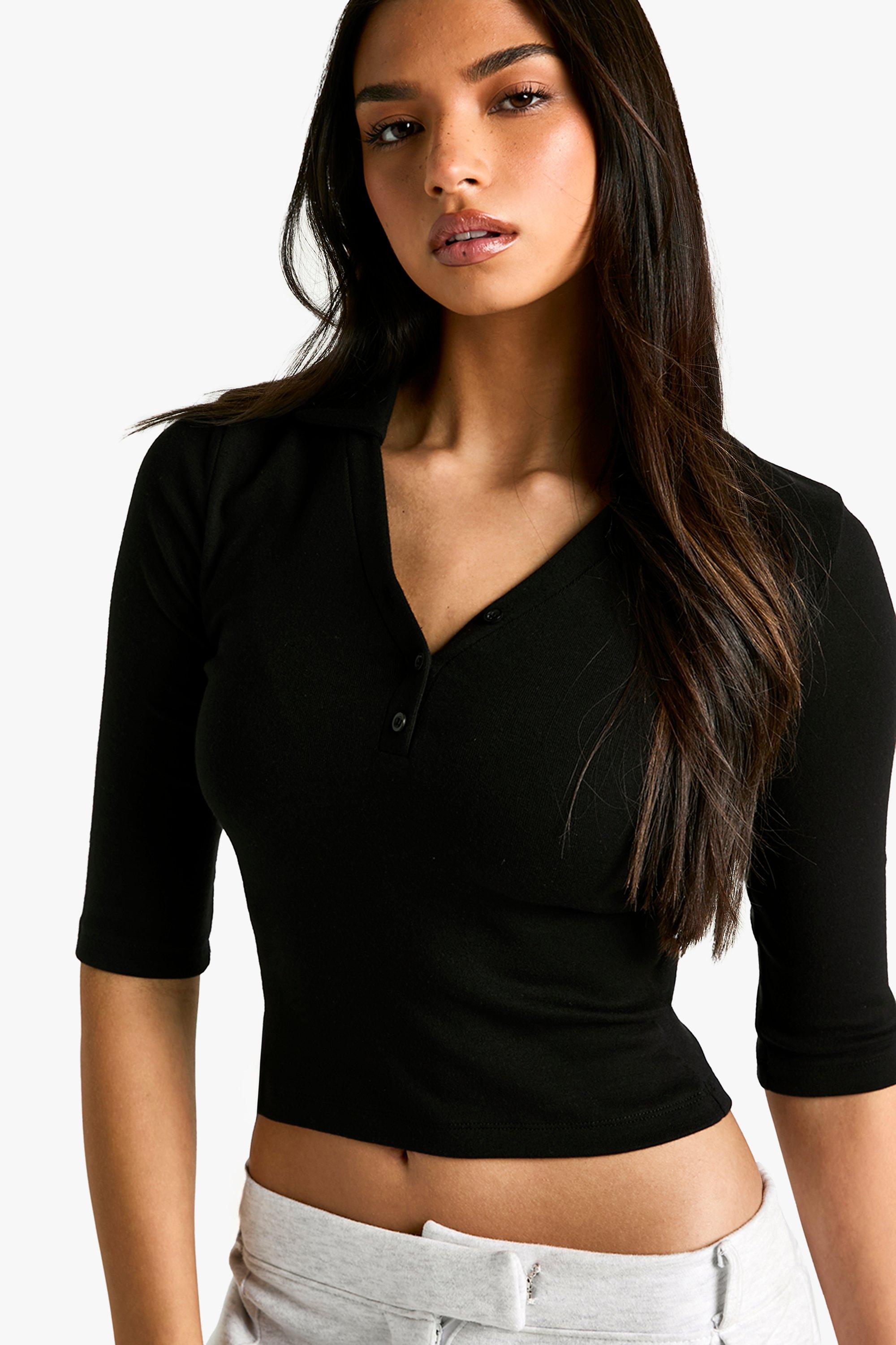 Boohoo Top Met Perzikhuid, Knopen En Driekwartsmouwen, Black