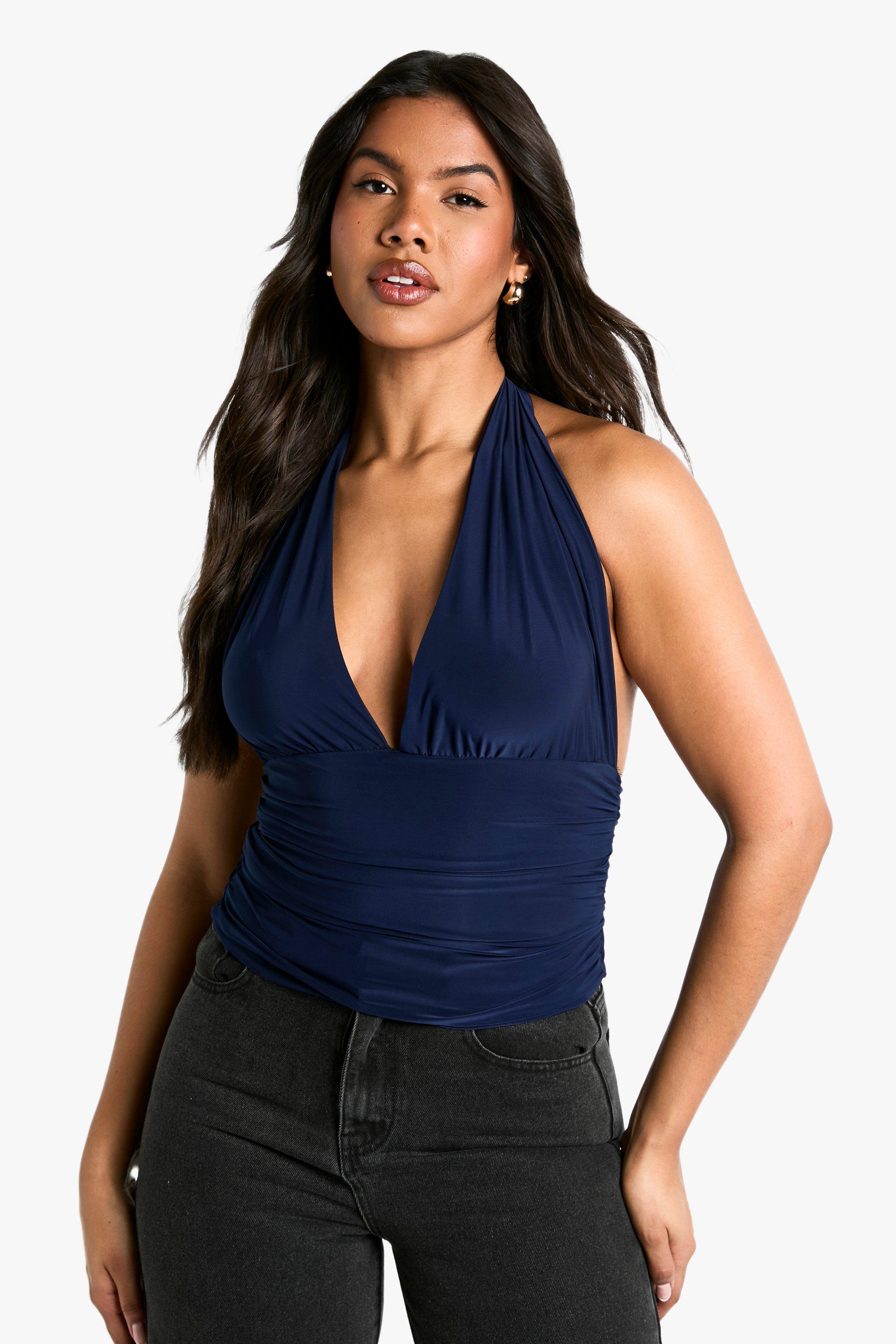 Boohoo Strakke Geplooide Body Top Met Halter Neck, Navy