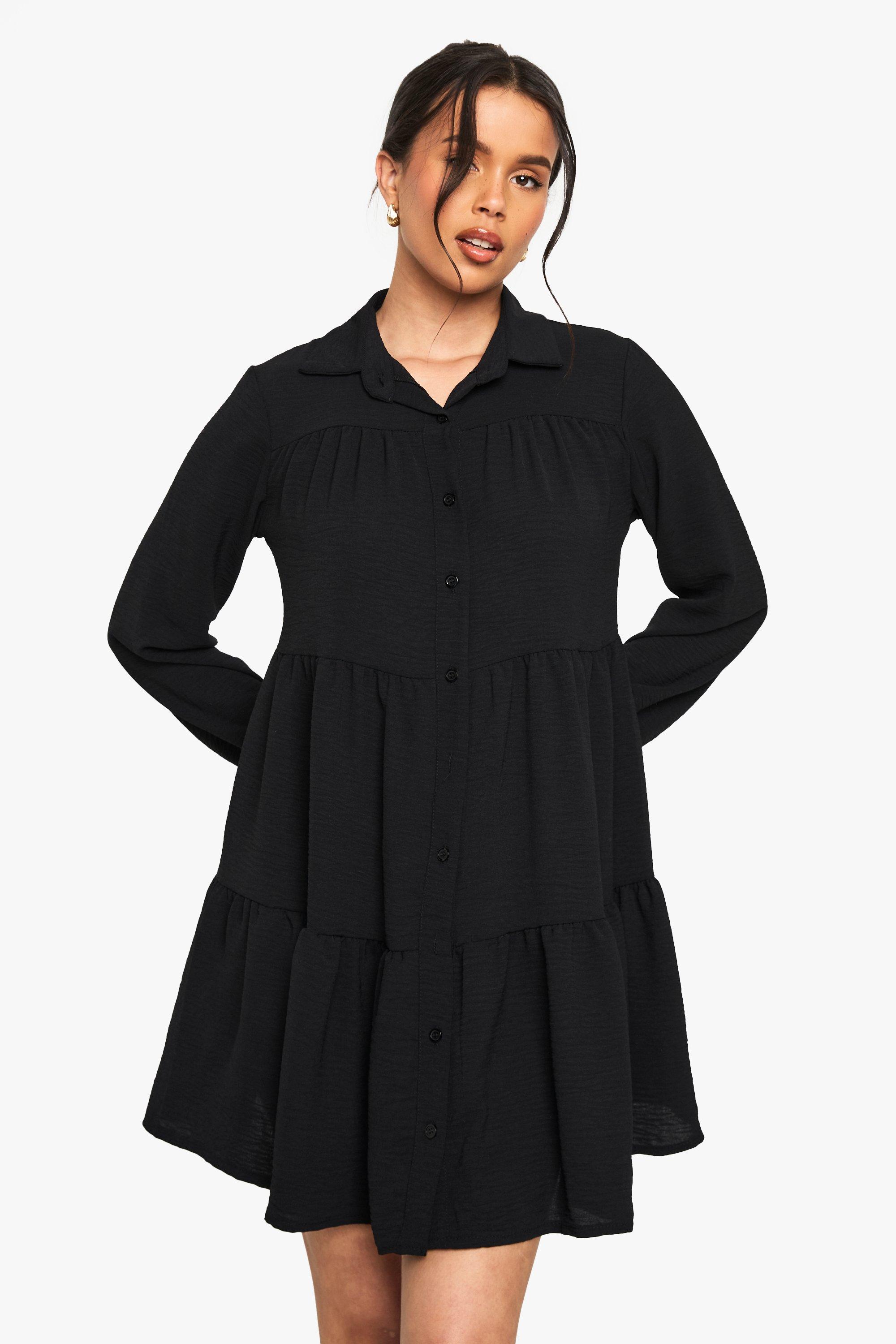 Boohoo Gesmokte Blouse Jurk Met Laagjes, Black