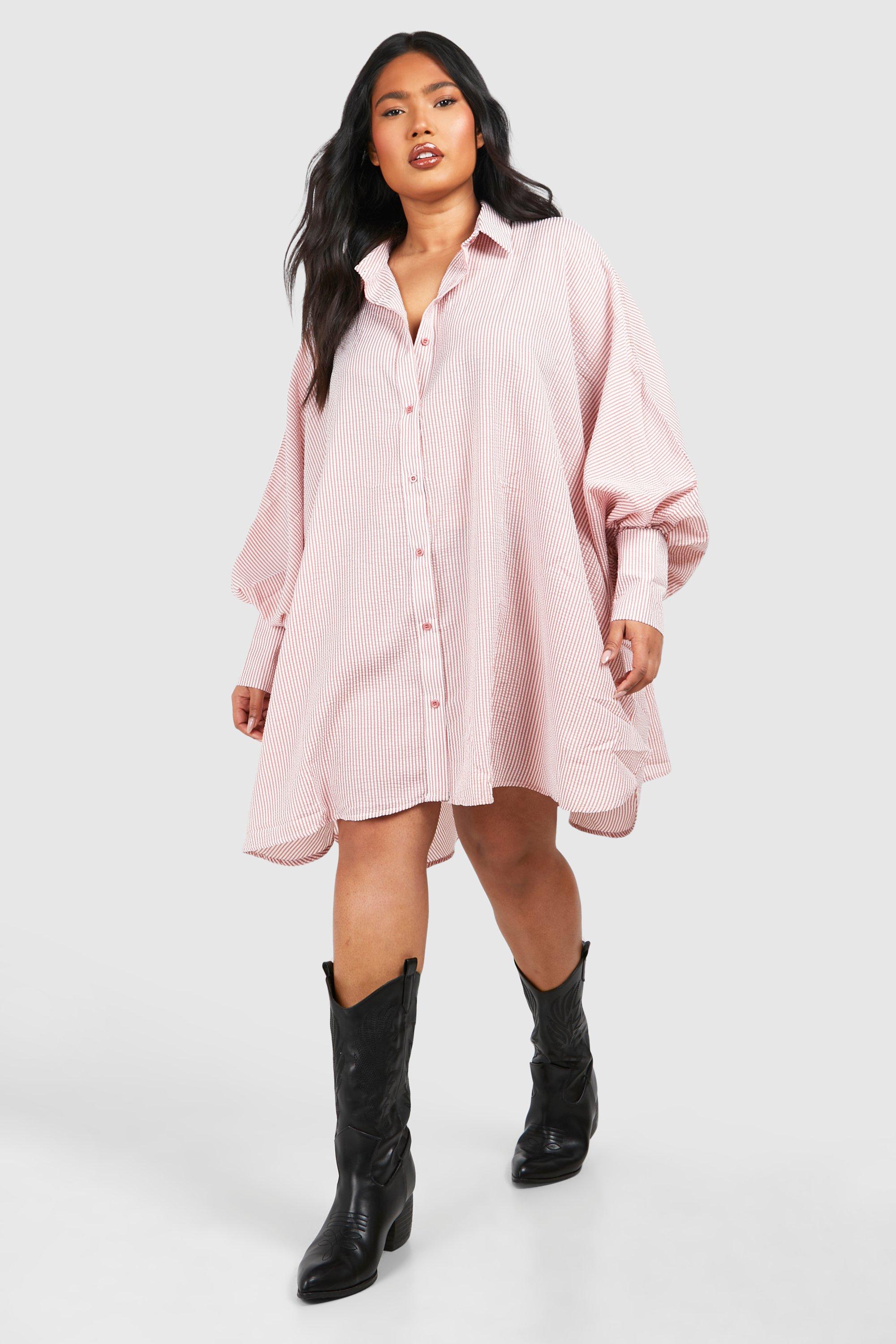 Boohoo Plus Gestreepte Blouse Jurk Met Textuur En Volle Mouwen, Rust