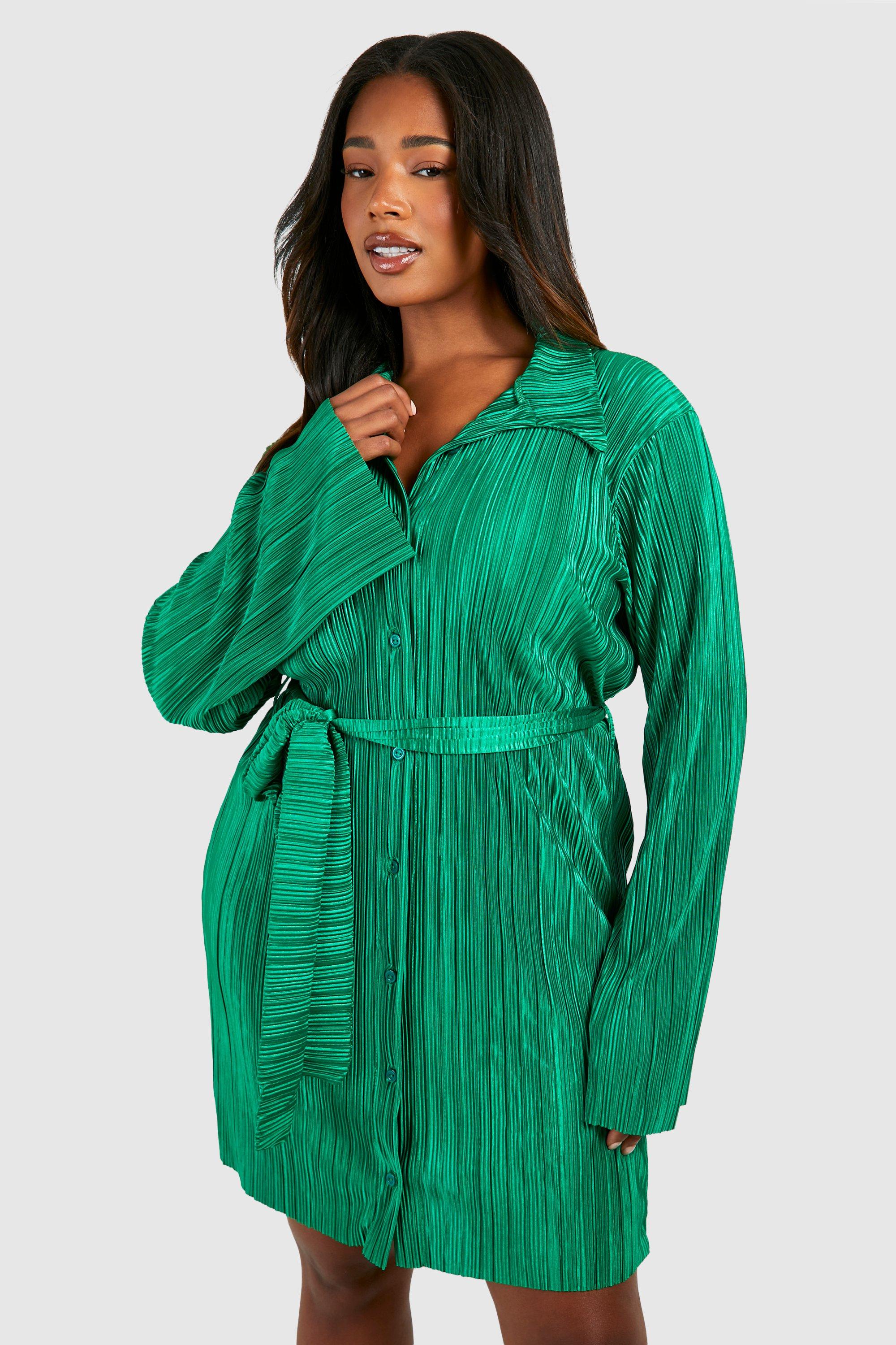 Boohoo Plus Plisse Blouse Jurk Met Wijde Mouwen En Strik, Green