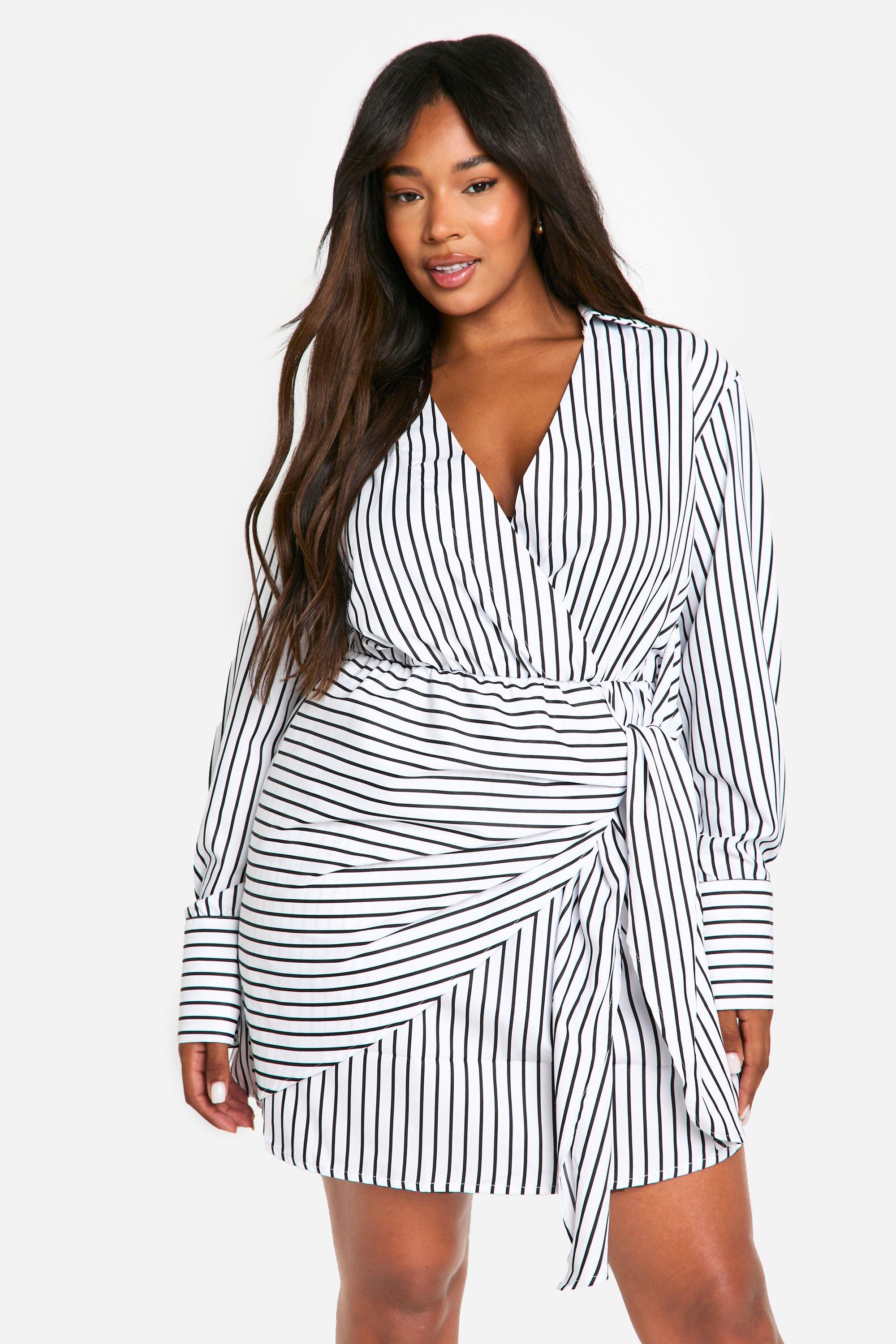 Boohoo Plus Geweven Gestreepte Wikkel Blouse Jurk, White