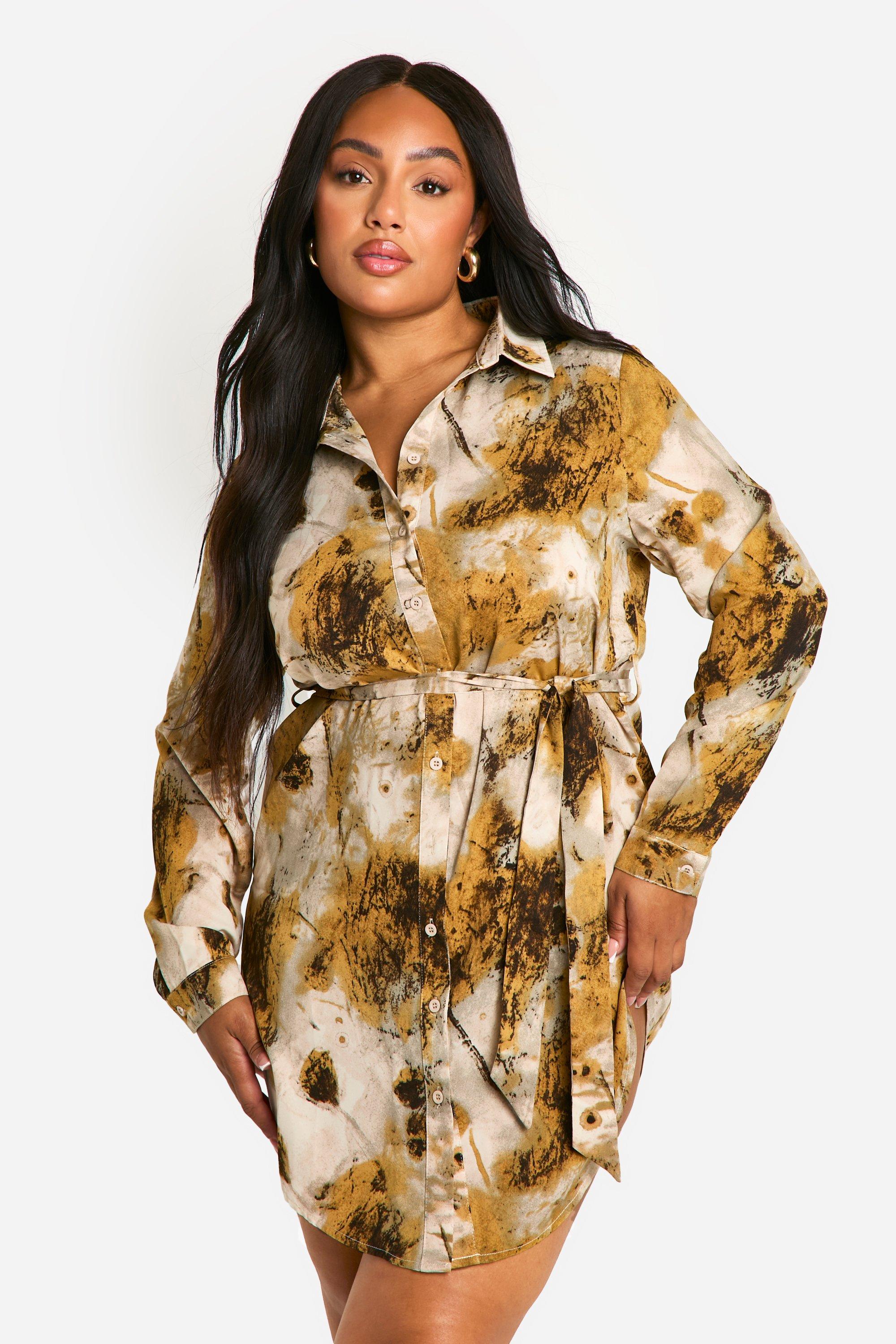 Boohoo Plus Abstracte Blouse Jurk Met Print, Ceintuur En Vegen, Yellow