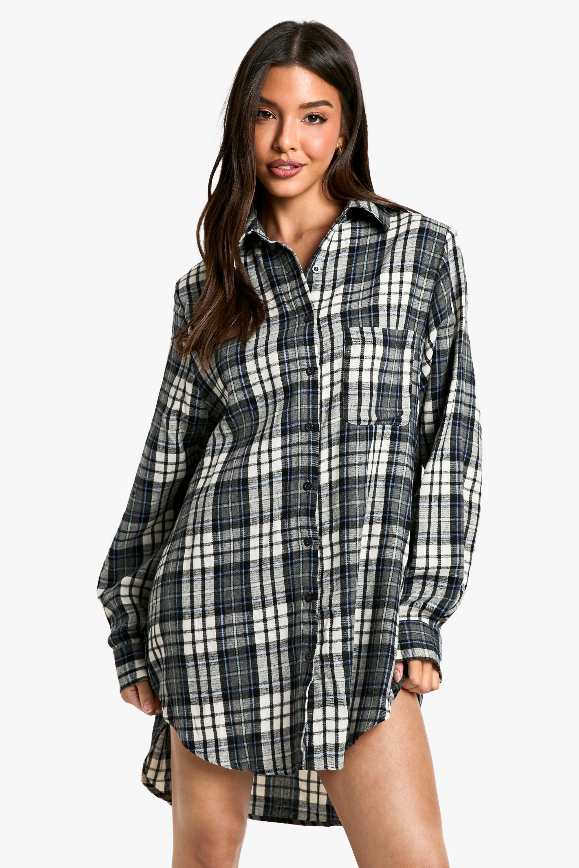 Boohoo Oversized Geruite Blouse Jurk Met Schouderpads, Grey