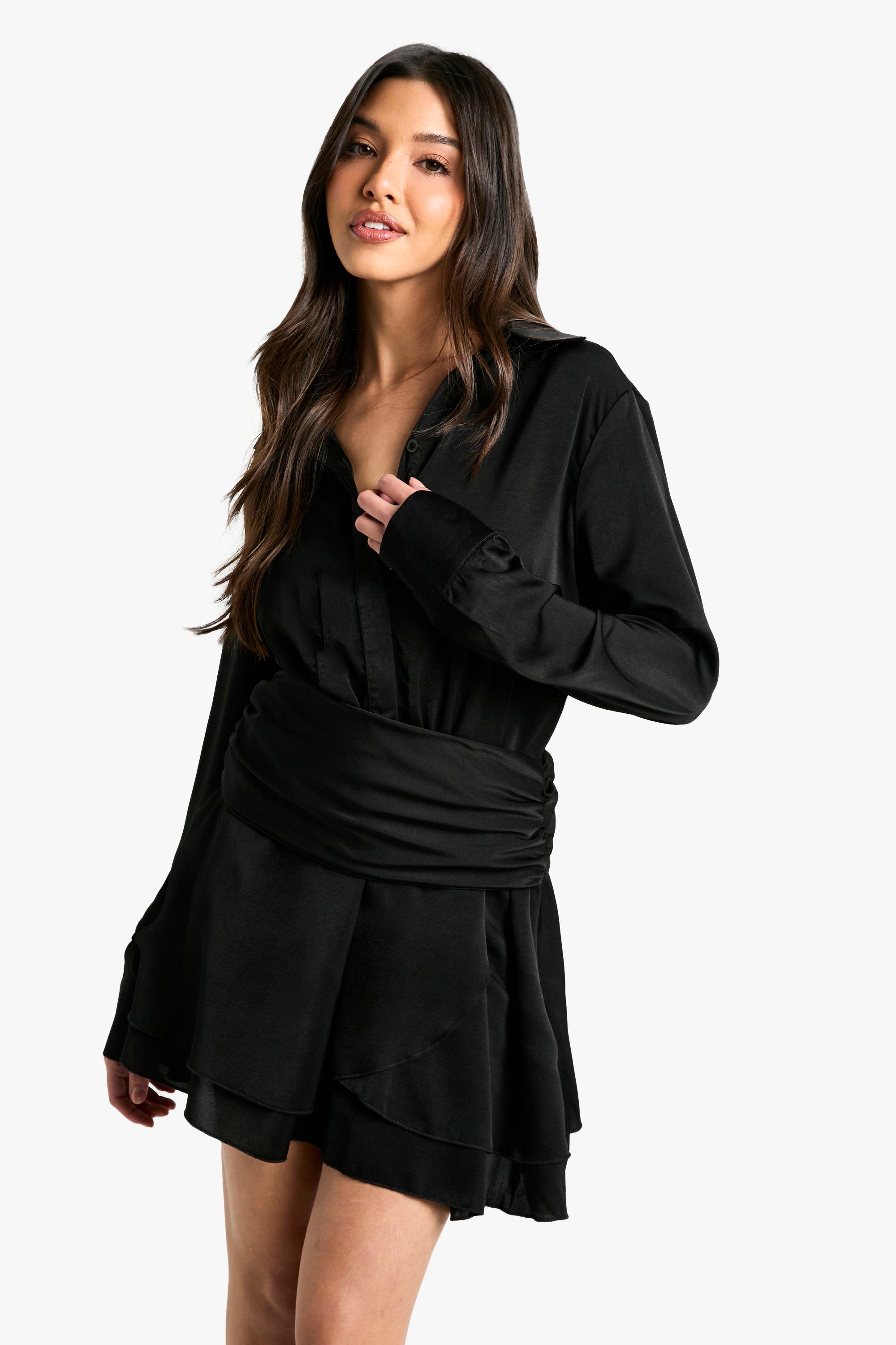 Boohoo Geplooide Satijnen Blouse Jurk, Black