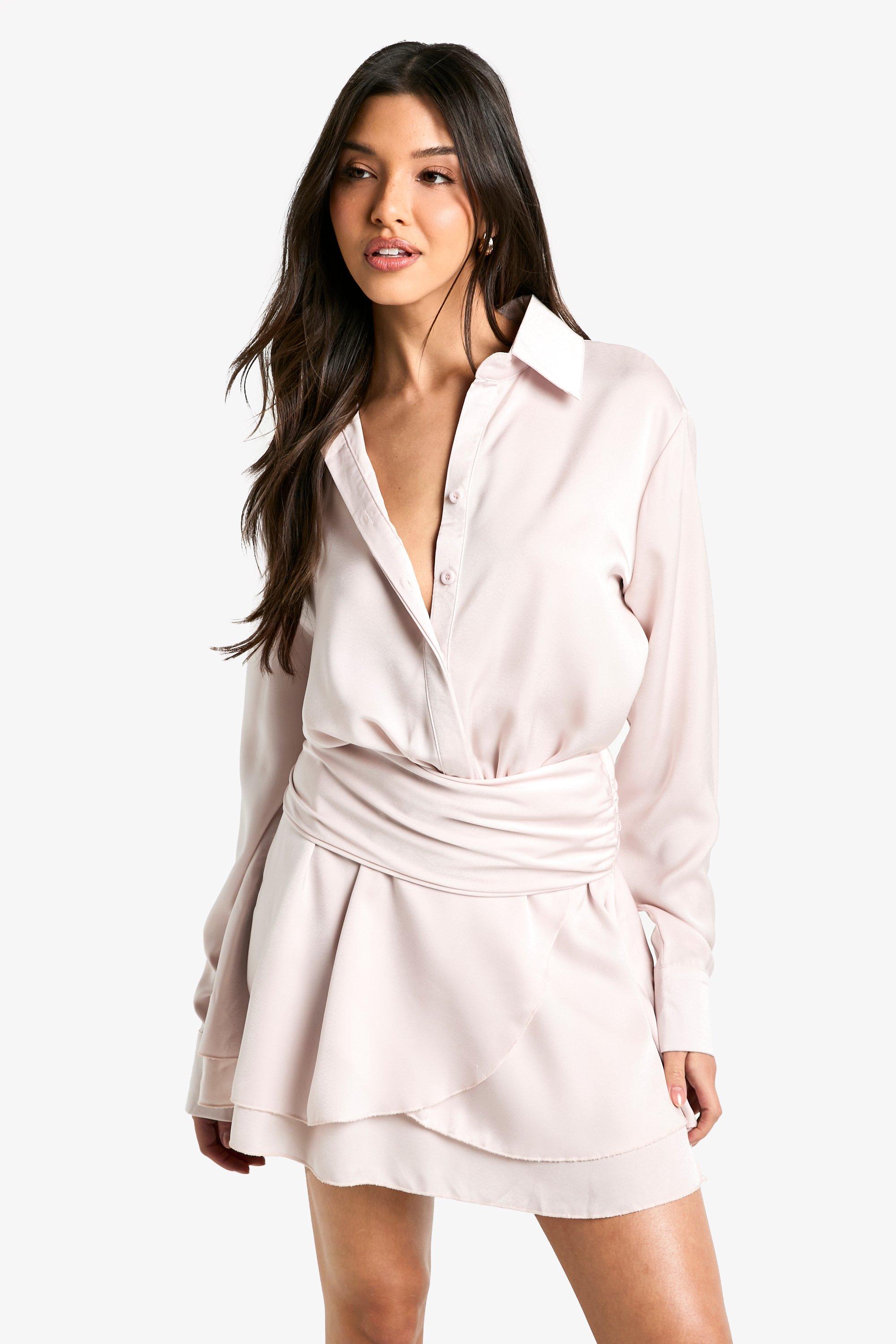 Boohoo Geplooide Satijnen Blouse Jurk, Oyster
