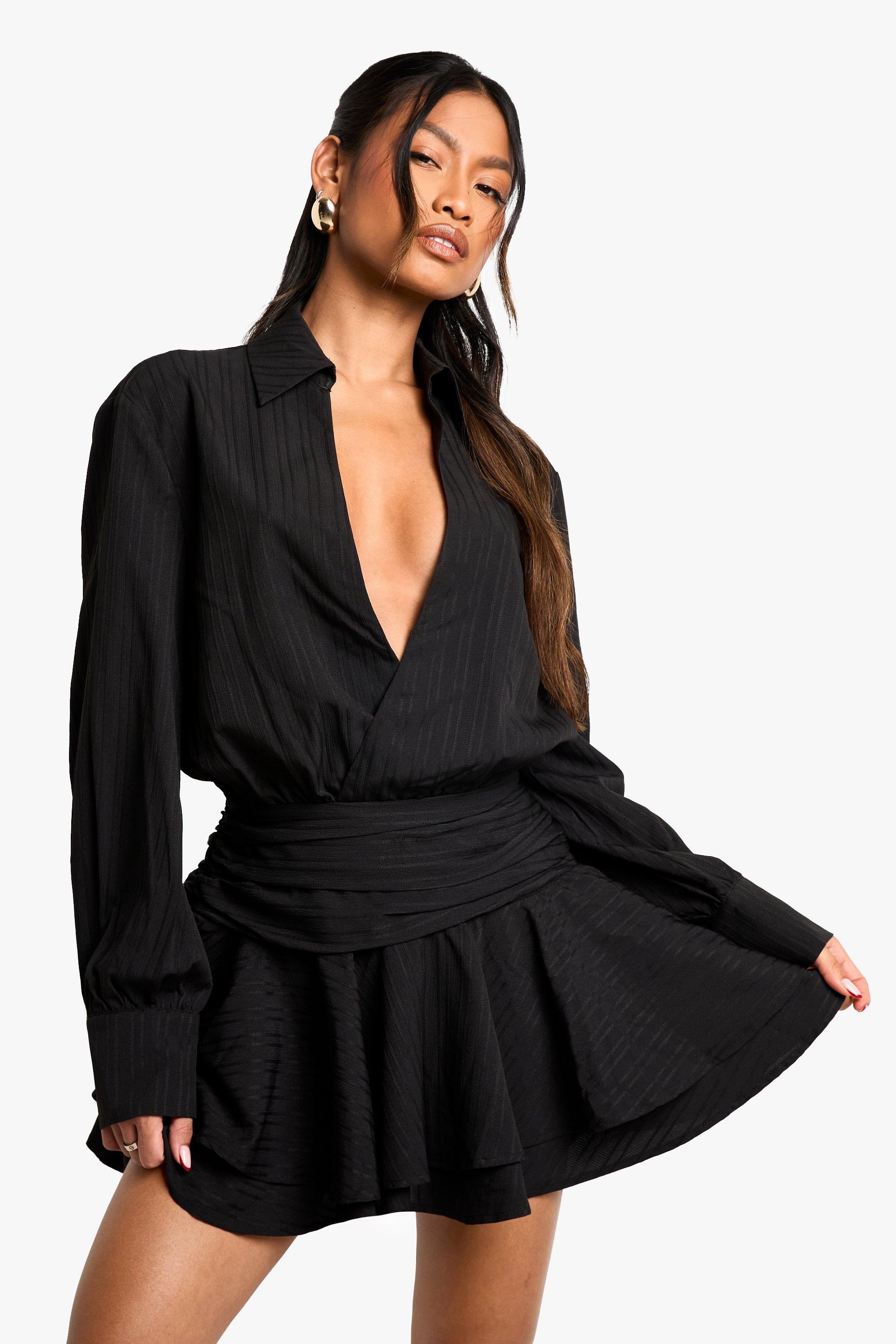 Boohoo Geplooide Mini Jurk Met Textuur En Franjes, Black