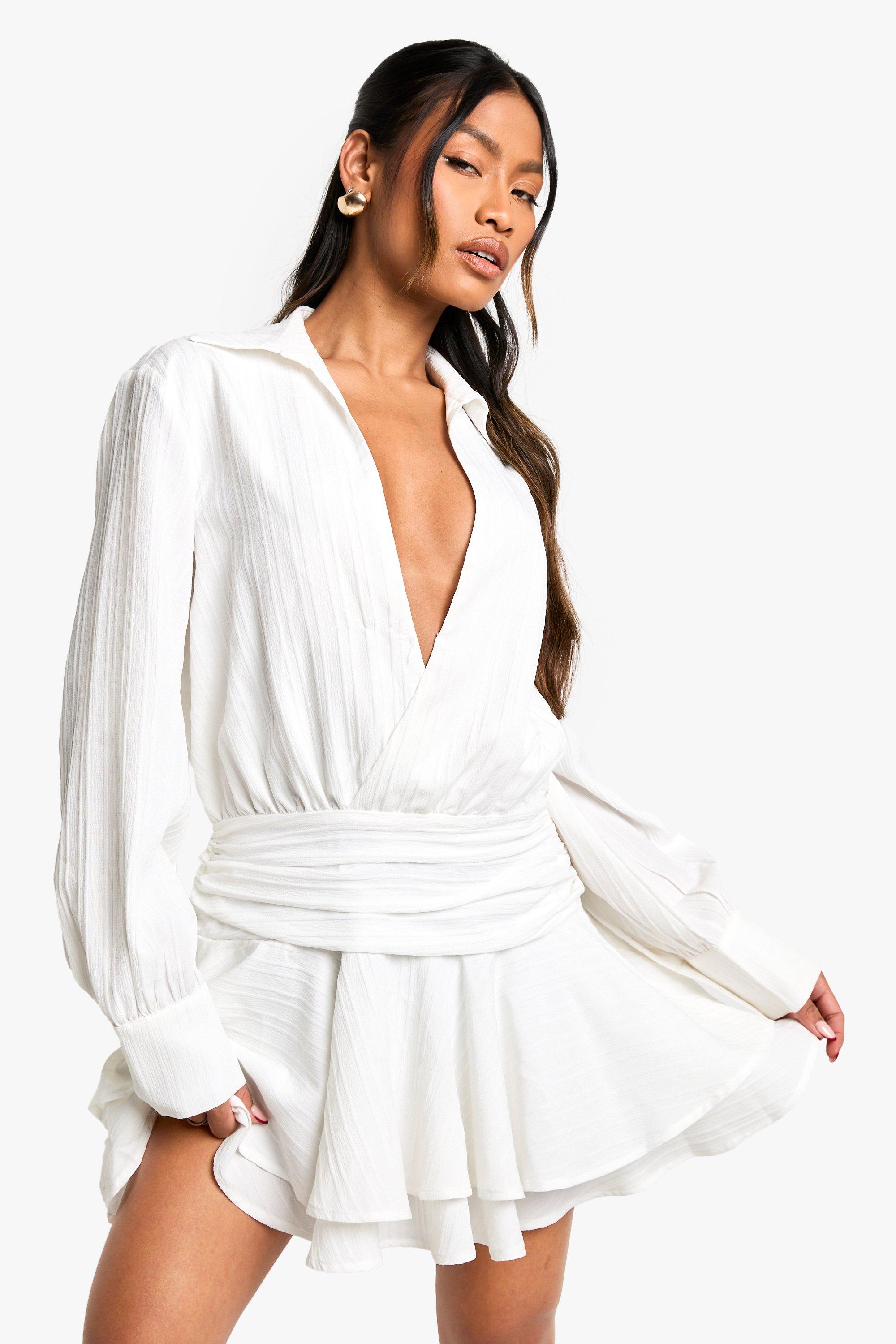 Boohoo Geplooide Mini Jurk Met Textuur En Franjes, White