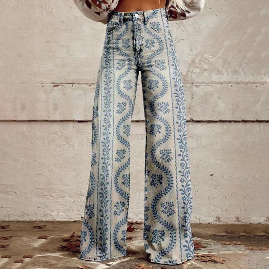 Zhenmiaoxiang Dames casual broeken kleurrijke 3D bloemenprint uitlopende pijpen hoge taille plus size jeans knoopsluiting met zakken Lojng broeken voor daten XL