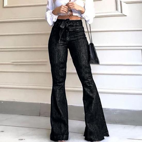 Zhenmiaoxiang Dames Bell Bottom Jeans Hoge Taille Stretch Flared Broek Casual Wijde Pijpen Bootcut Broek voor Werk Vrije Tijd S zwart