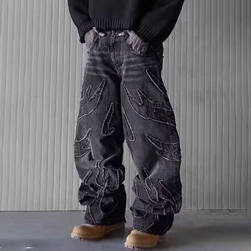 MILU Streetwear Retro Hip Op Flame Borduurwerk Losse Hoge Taille Heren Jeans Vrouwelijke Y2K Harajuku Gothic Wijde Pijpen Broek XXXL zwart