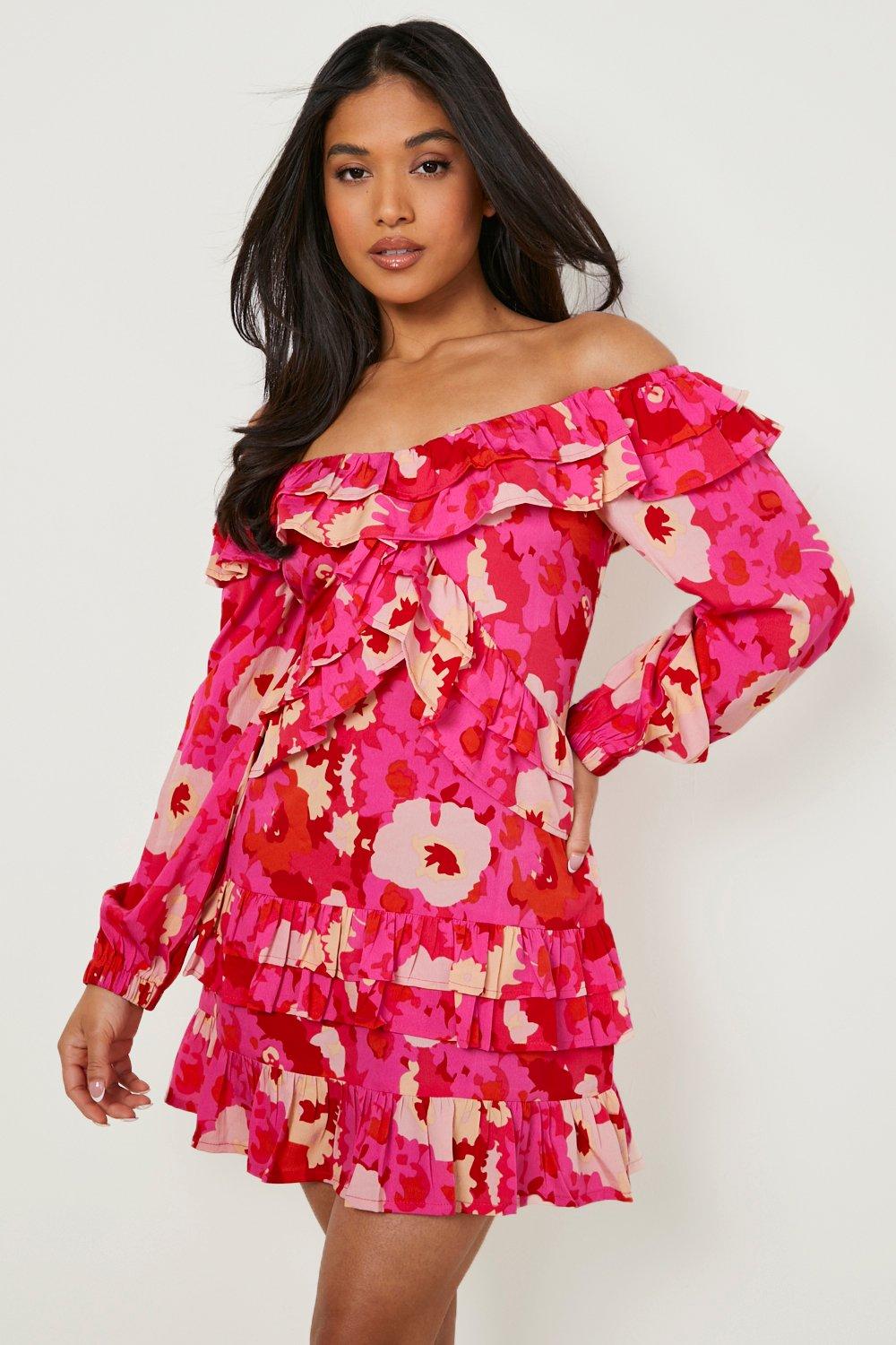 Boohoo Petite Off Shoulder Bloemen Mini Jurk Met Ruches, Pink