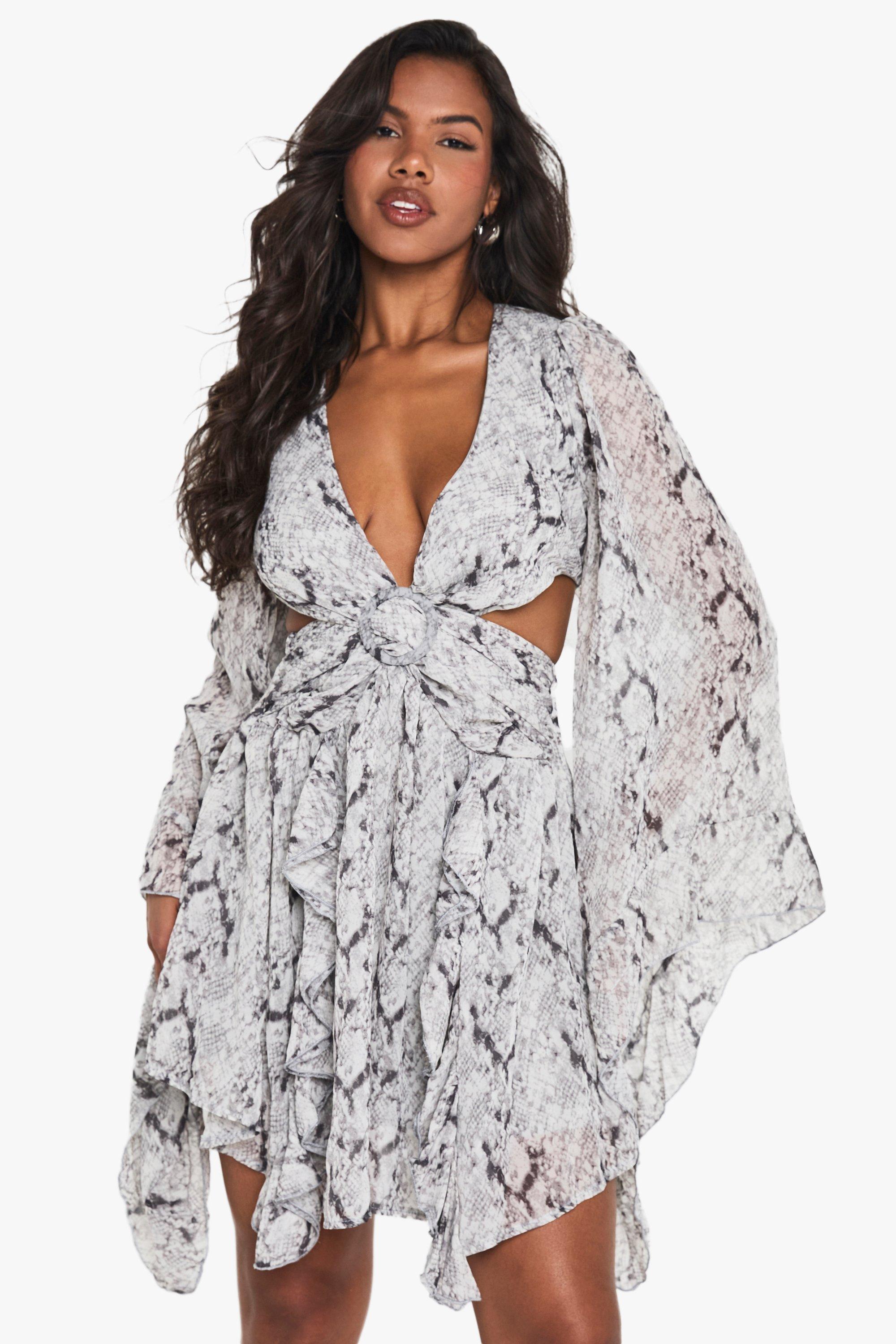 Boohoo Cut Out Skater Jurk Met Print, Grey
