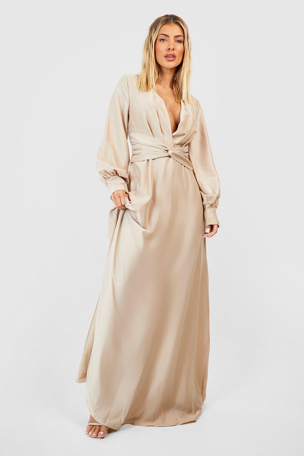 Boohoo Satijnen Gedraaide Maxi Jurk, Champagne