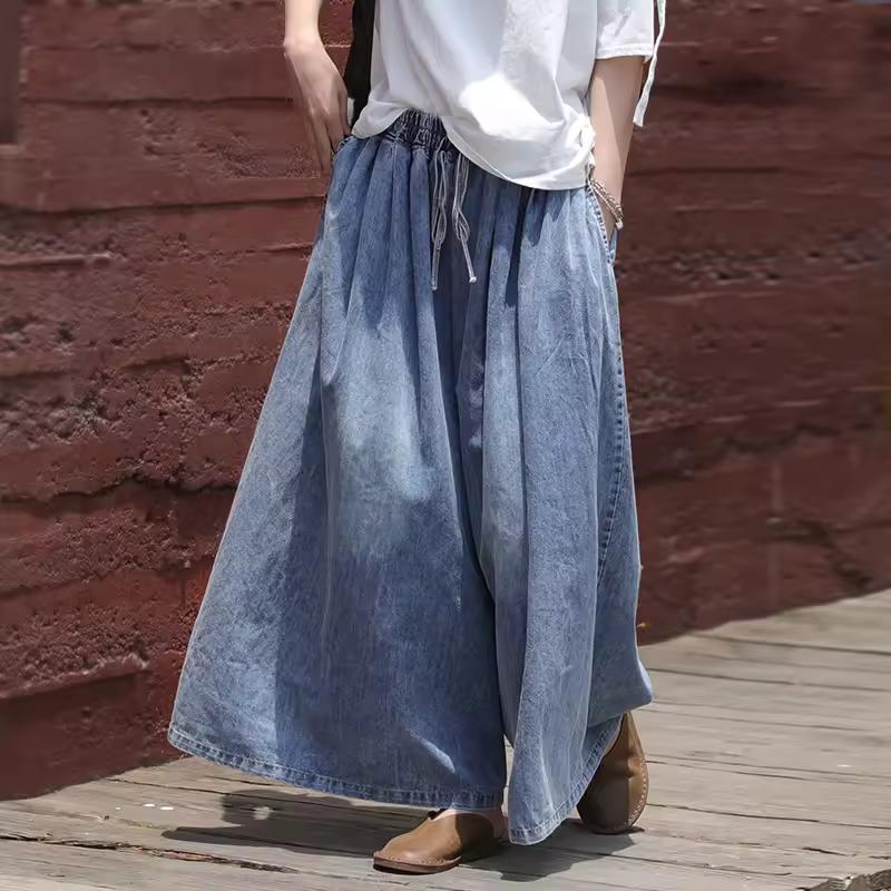 QGOOD Vintage gewassen distressed damesjeans elastische taille vetersluiting literaire losse casual broek modieuze veelzijdige eenvoudige vrouwelijke broek XXXXXL blauw