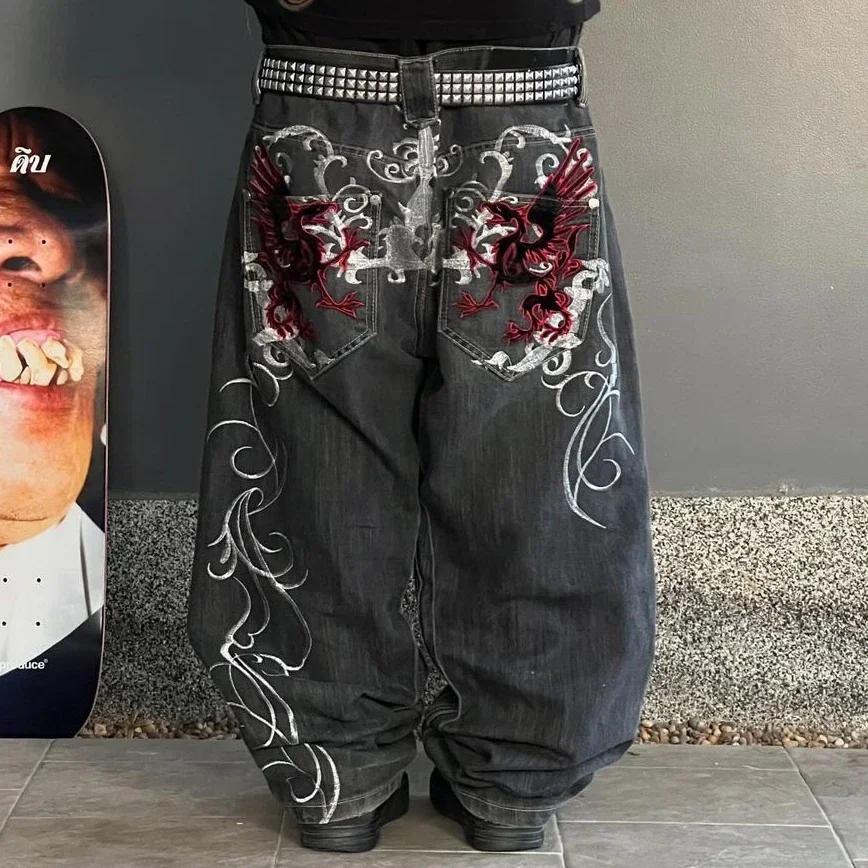 GEMTIDE Hip Hop Retro Street Casual Y2k Harajuku Modetrend Borduurwerkpatroon Denim Broek Rechte Wijde Broek S
