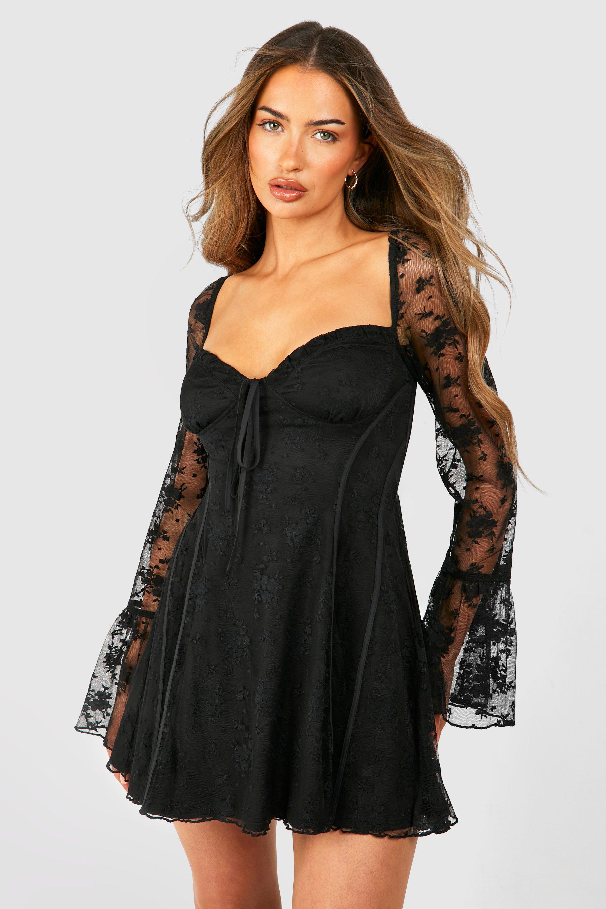Boohoo Kanten Baby Doll Mini Jurk Met Wijde Mouwen, Black