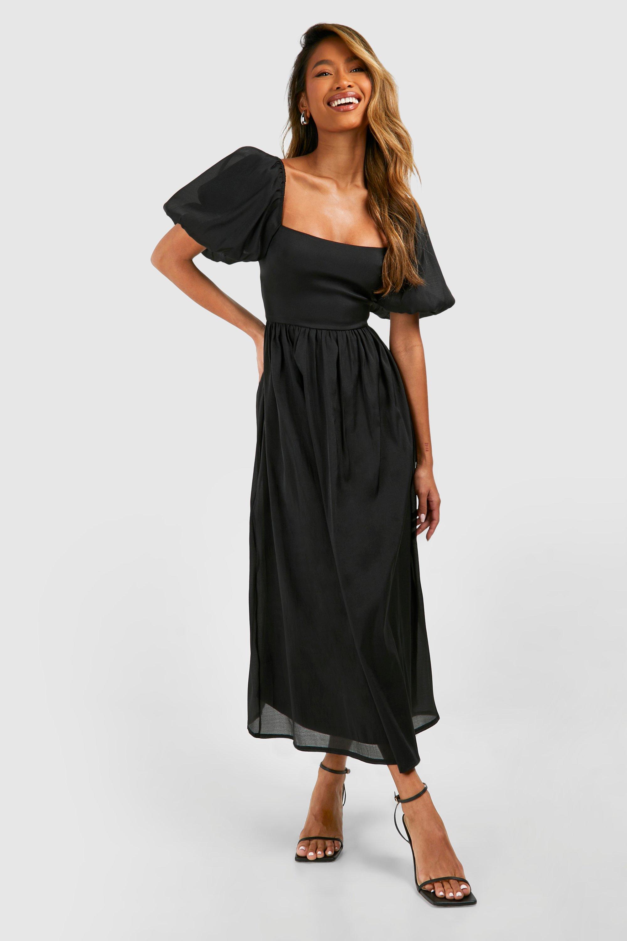 Boohoo Midaxi Skater Jurk Met Pofmouwen, Black