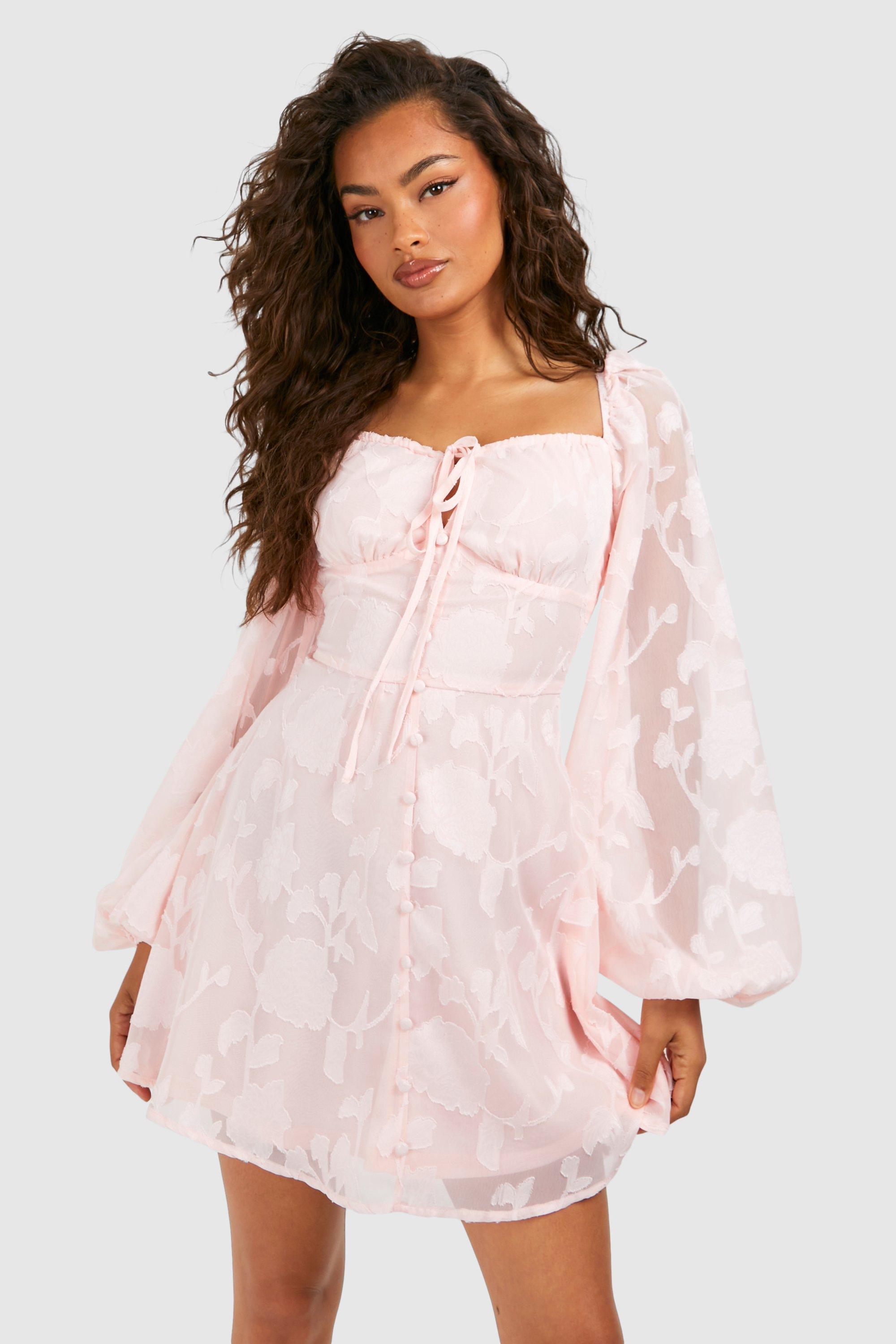 Boohoo Melkmeisjes Mini Jurk Met Textuur En Ballonmouwen, Pink
