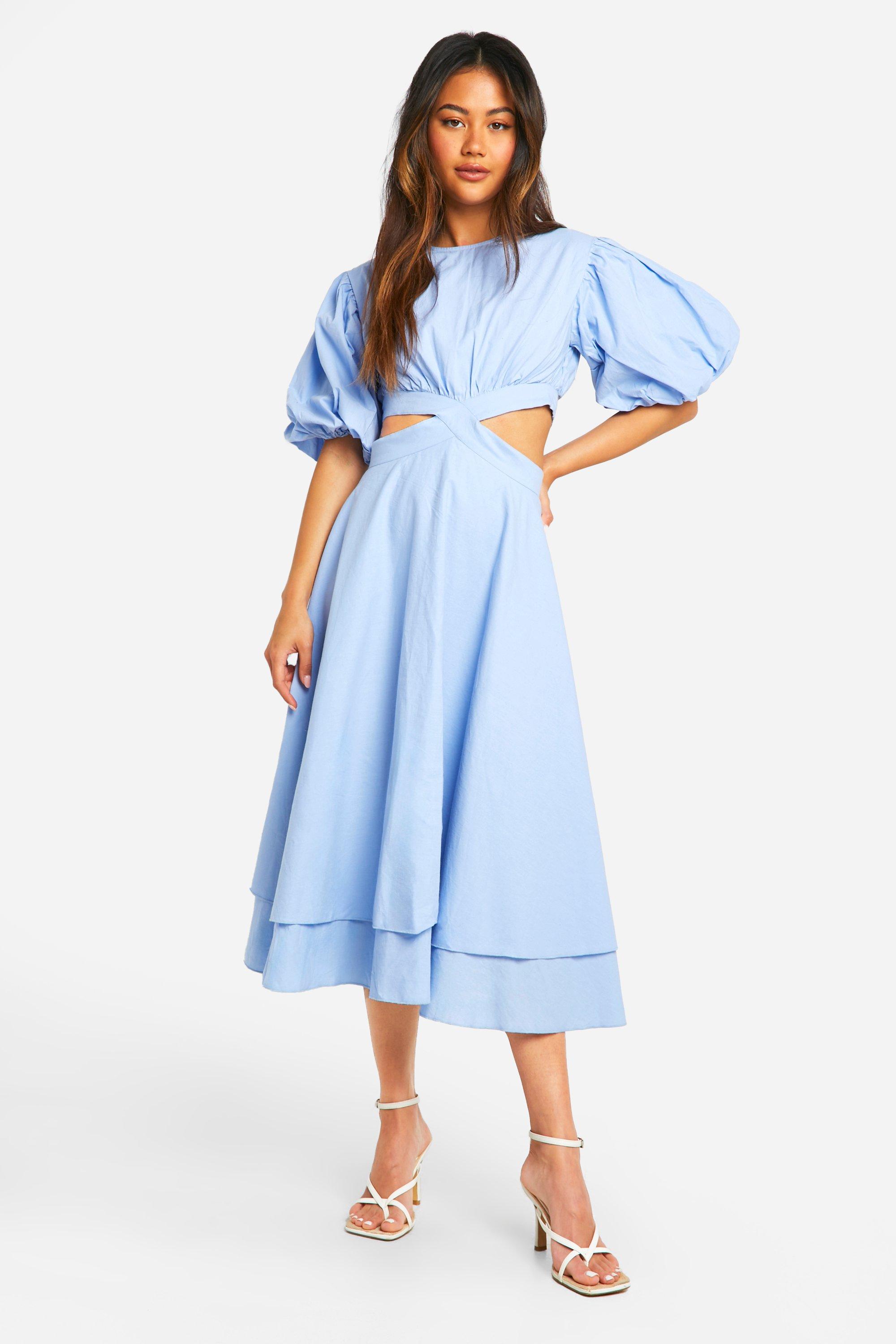 Boohoo Midi Jurk Met Textuur En Pofmouwen, Blue