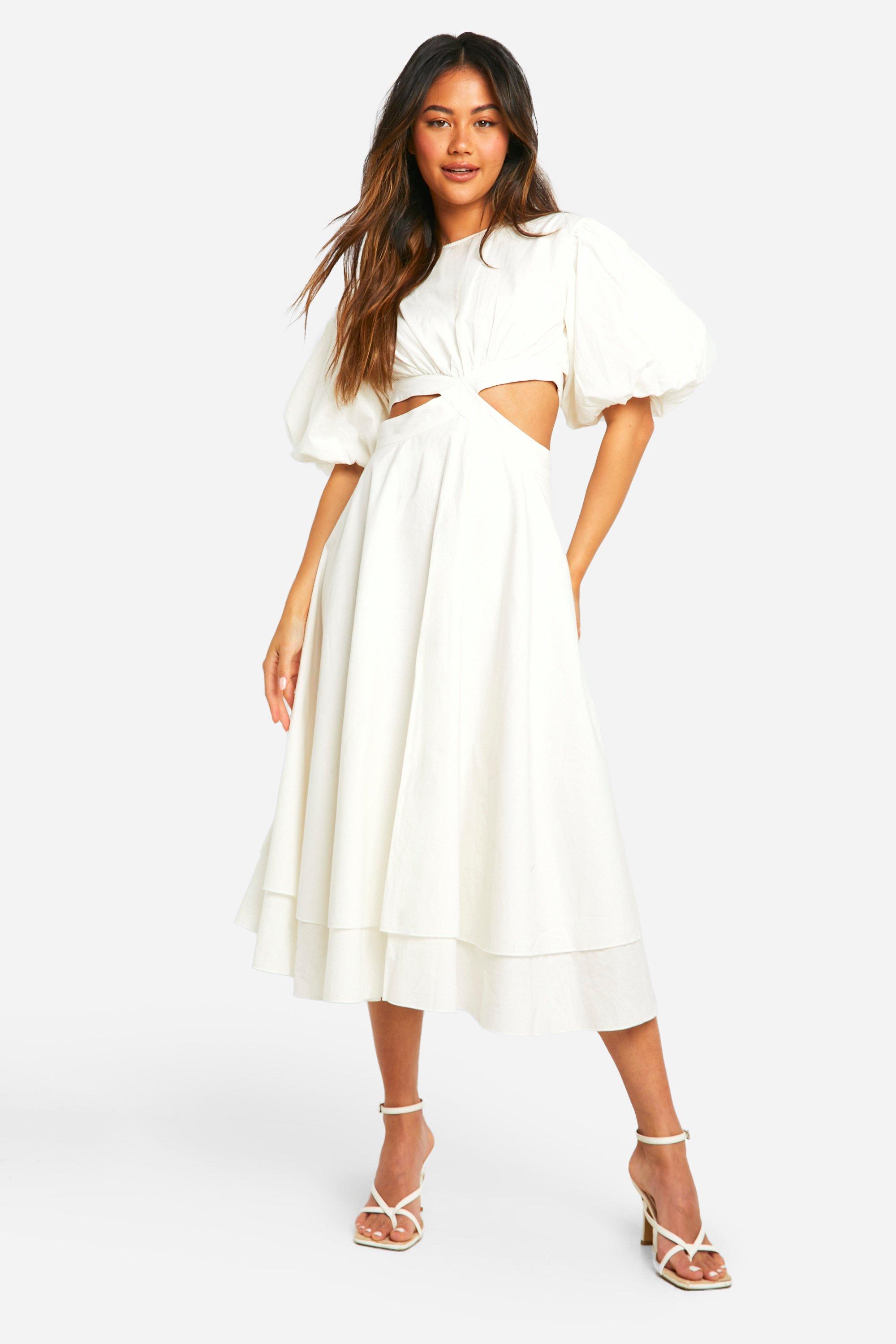 Boohoo Midi Jurk Met Textuur En Pofmouwen, White