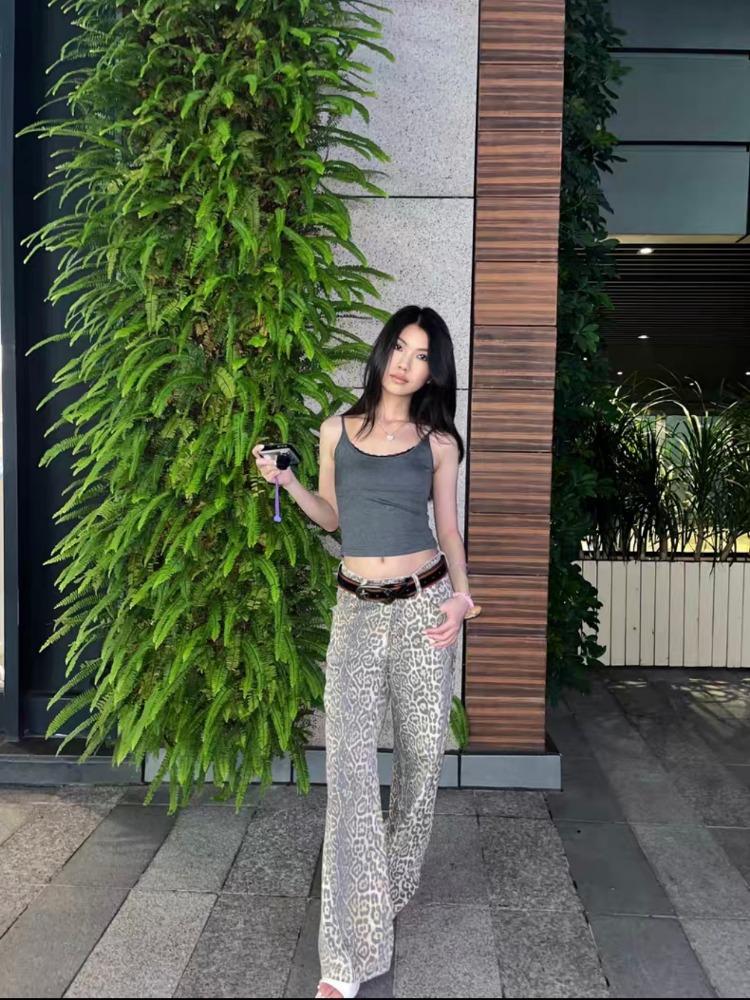 GEMTIDE Vintage luipaardprint jeans baggy vrouwen hiphop streetwear Y2k denim broek grunge esthetische wijde pijpen jeans oversized S