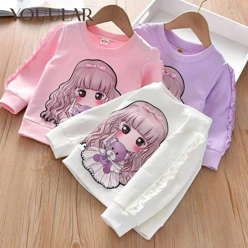 YOUULAR Meisjes Lente Herfst Shirt Katoenen T-shirt voor kinderen Trui met lange mouwen en O-hals 110 roze