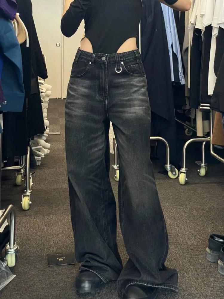 GEMTIDE Vintage zwarte wijde pijpen jeans vrouwen oversized high street Koreaanse mode baggy denim broek grunge Y2k vrouwelijke hiphop S zwart