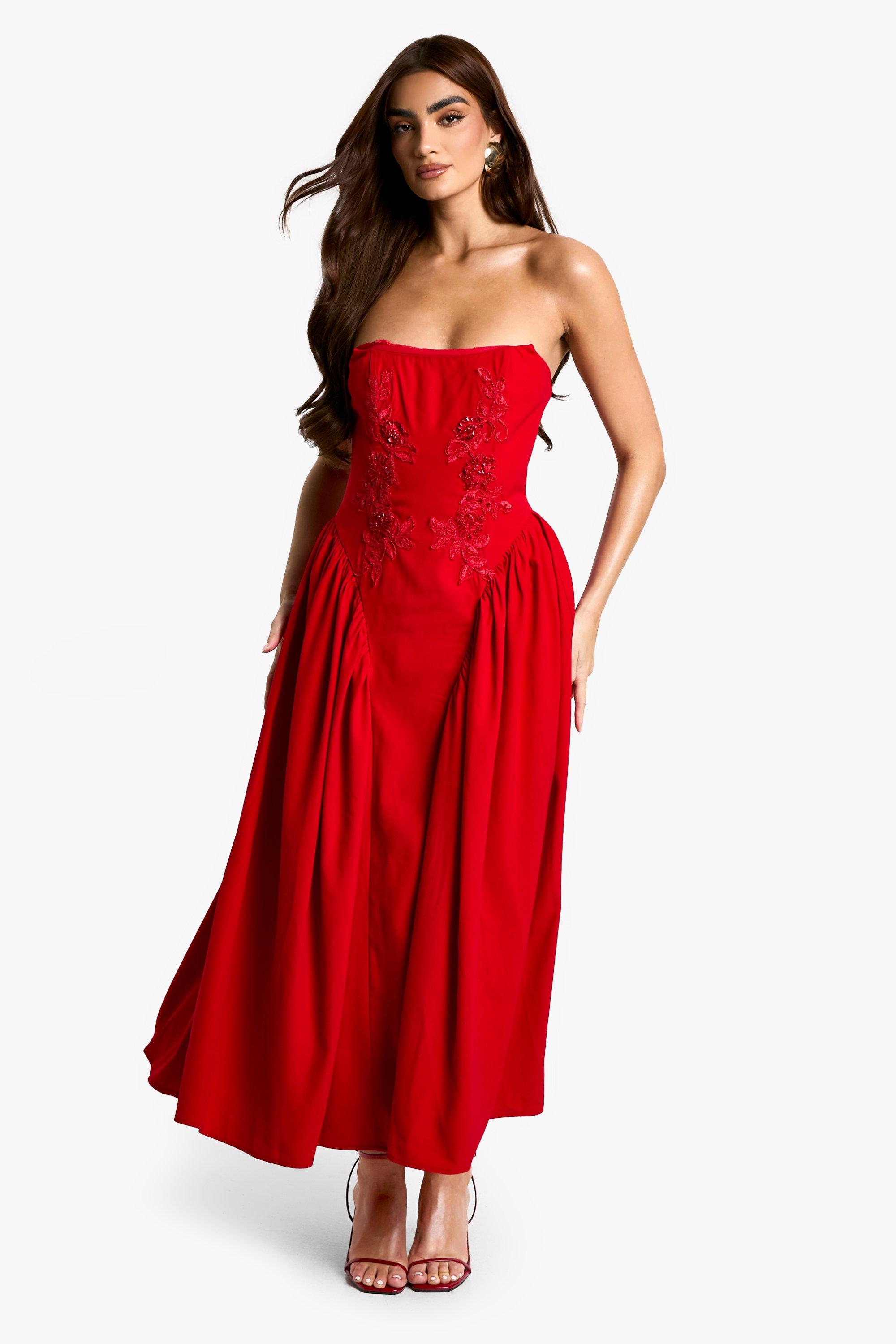 Boohoo Versierde Geweven Crêpe Midaxi Skater Jurk, Red