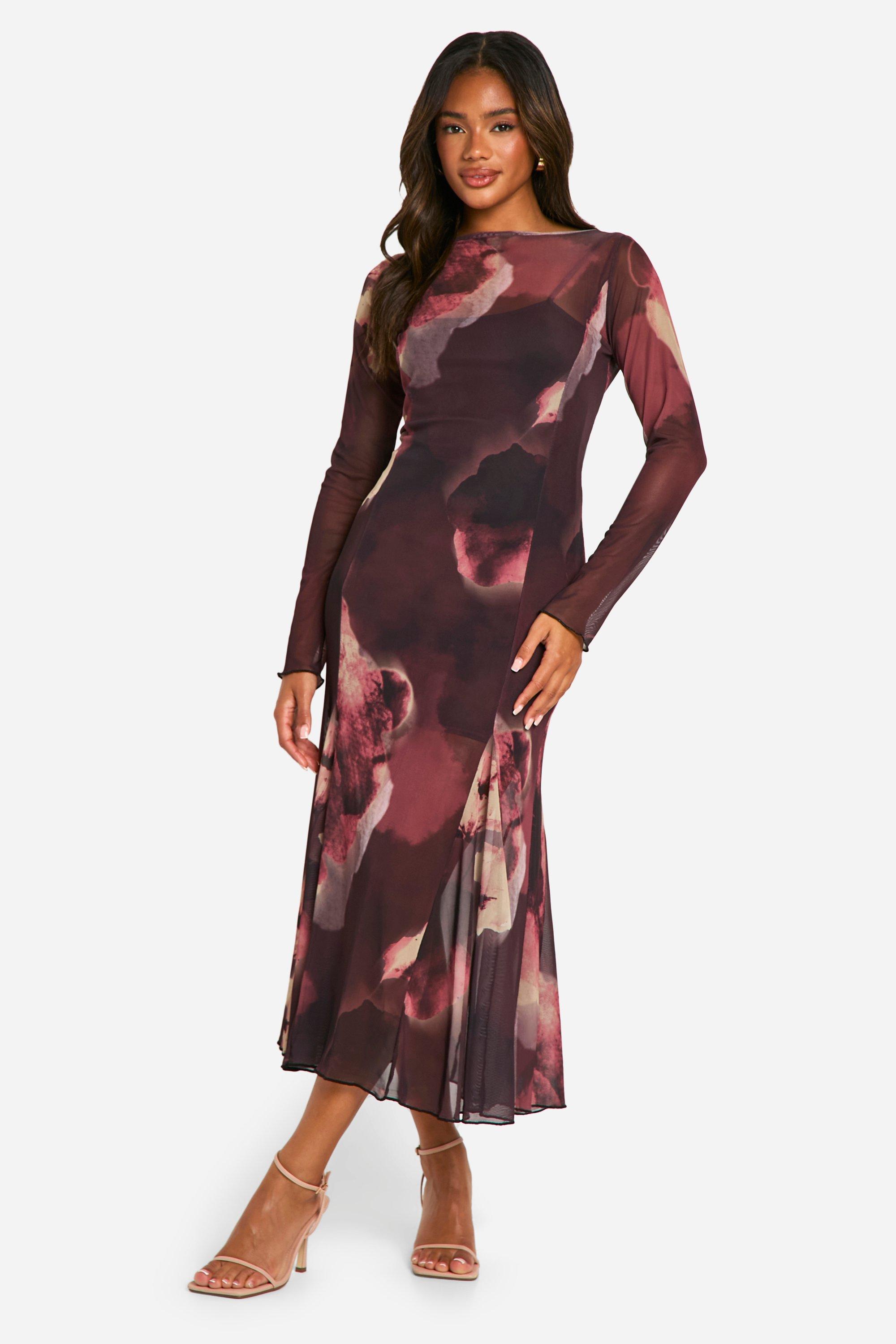 Boohoo Mesh Bloemen Midaxi Jurk Met Boothals En Godet Zoom, Plum