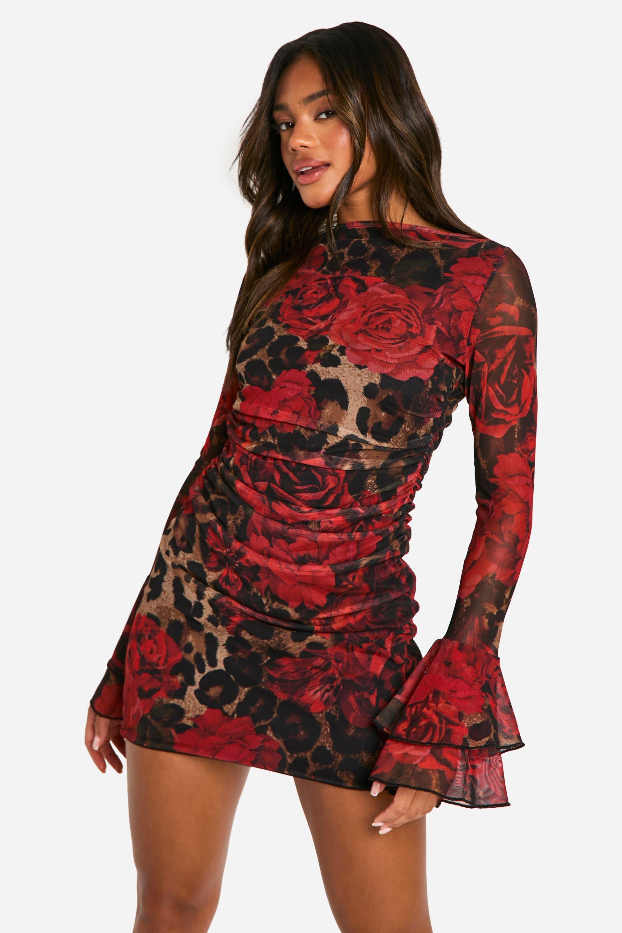 Boohoo Luipaardprint Mini Jurk Met Boothals En Wijde Mouwen, Leopard