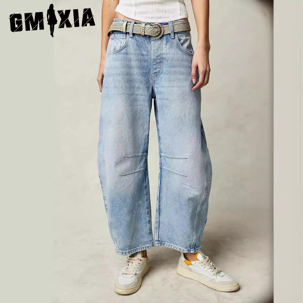 GMXIA Fashion Casual Dames Baggy Wijde Mid-rise Washed Denim Broek S wit