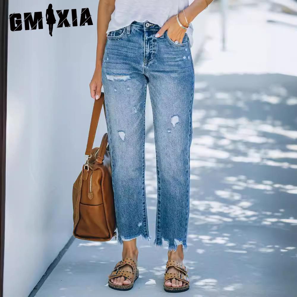 GMXIA Ripped Lichtblauwe Casual Nine Minute Straight Wash Jeans Dames S lichtblauwe kleur