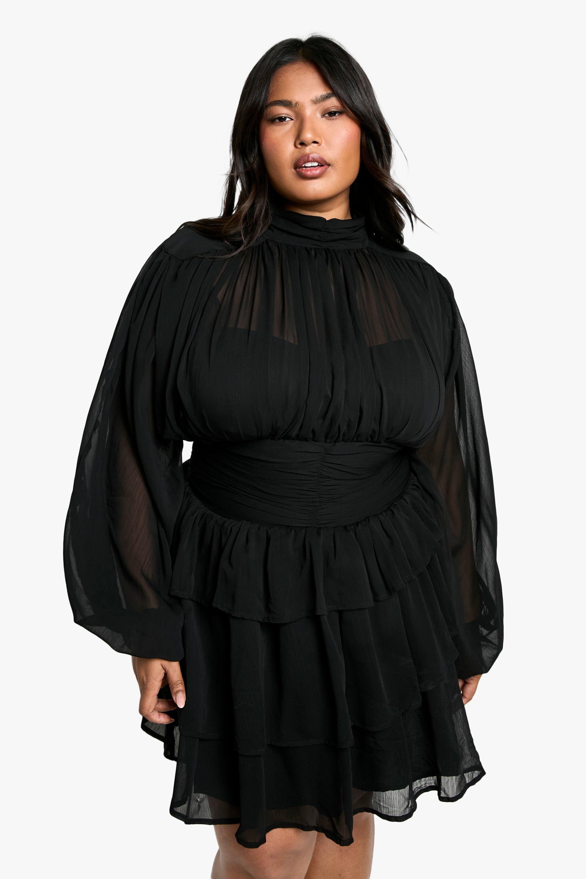 Boohoo Plus Chiffon Skater Jurk Met Hoge Hals, Black