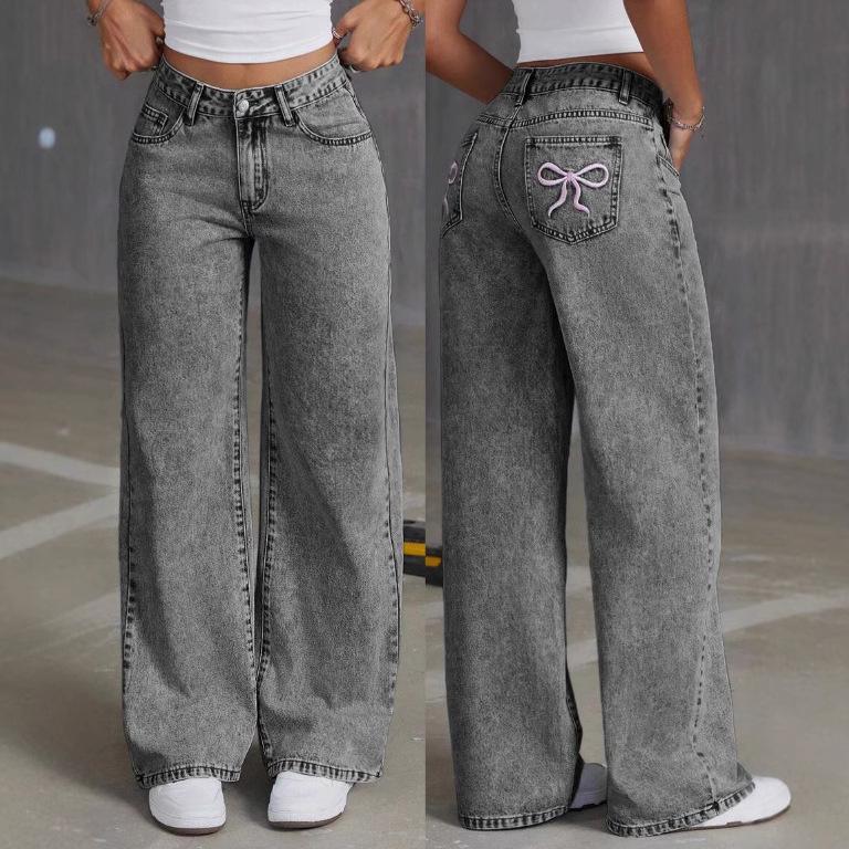 Fantastic wardrobe Dames baggy jeans met strikborduursel, dames hoge taille rechte pijp denim broek losse broek S blauw