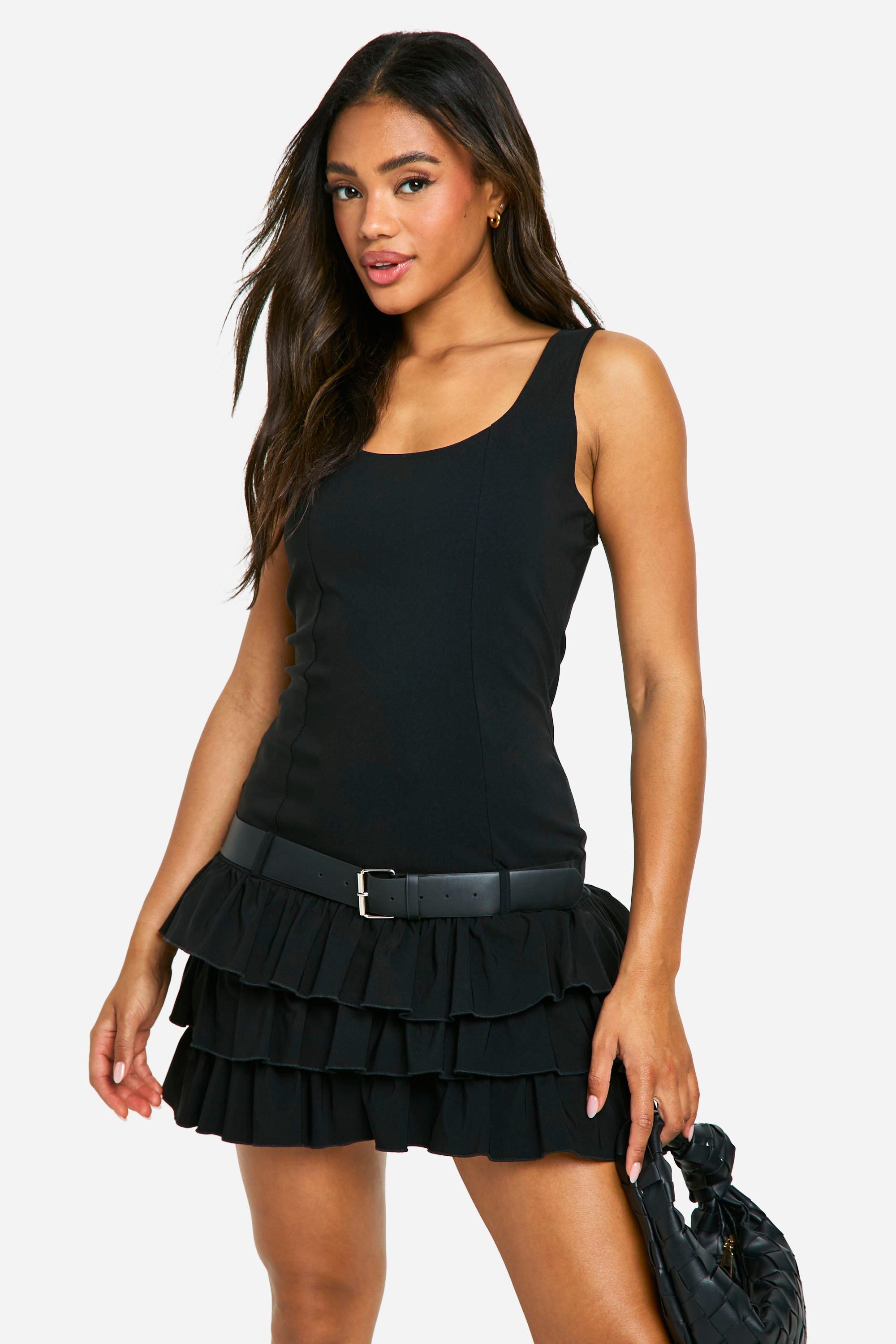 Boohoo Bengaline Mini Jurk Met Ruches, Black