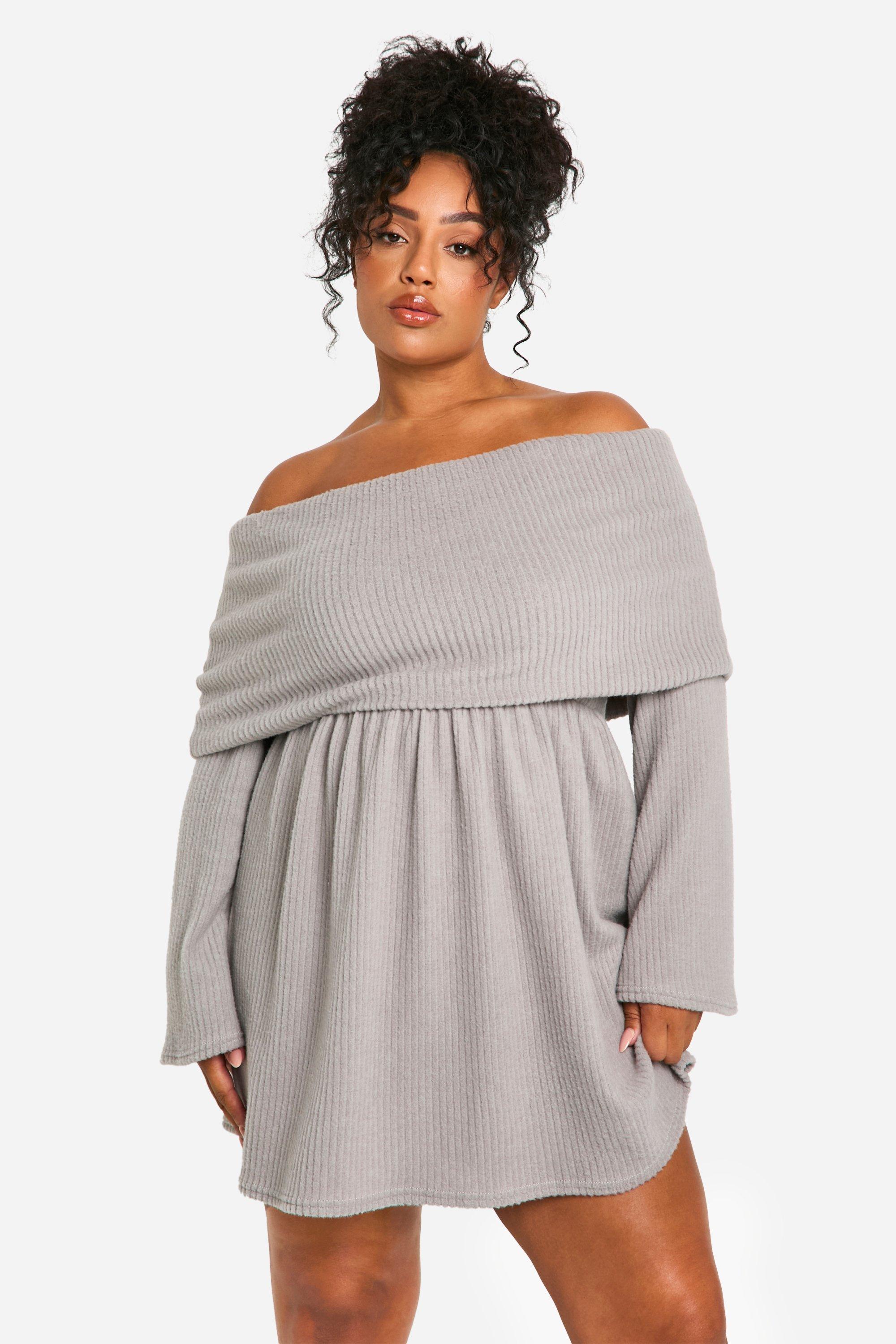 Boohoo Plus Geborstelde Geribbelde Off Shoulder Skater Jurk, Grey