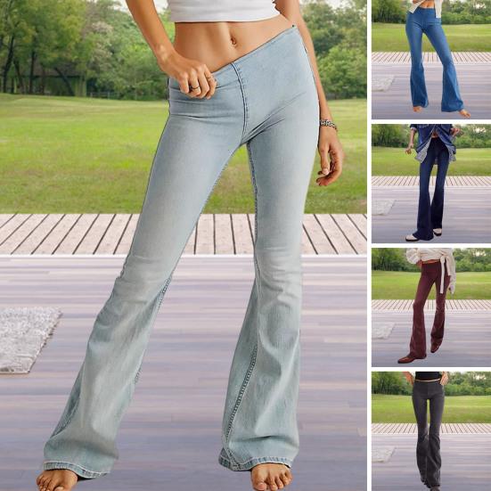 Jijijing Lady Jeans Elastische Slim Fit Uitlopende Pijpen Mid Taille Effen Kleur Lange Broek Dagelijkse Casual Denim Broek voor Reizen Woon-werkverkeer XL donkerblauwe kleur