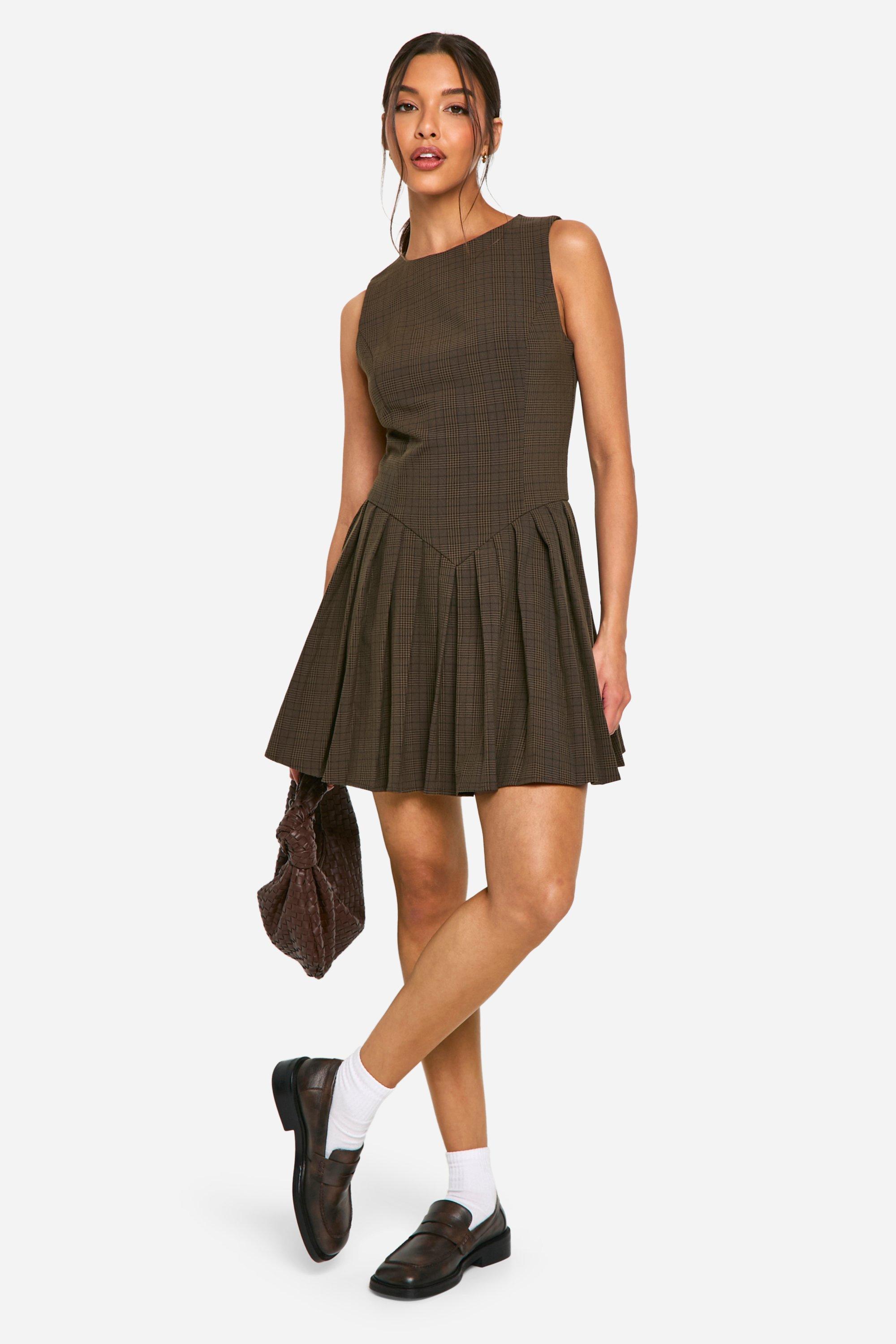 Boohoo Geruite Geplooide Getailleerde Jurk, Chocolate