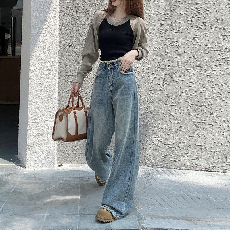 CrestLink Retro jeans met hoge taille en wijde pijpen voor dames met ruwe randen - slank, los en soepel ontwerp S