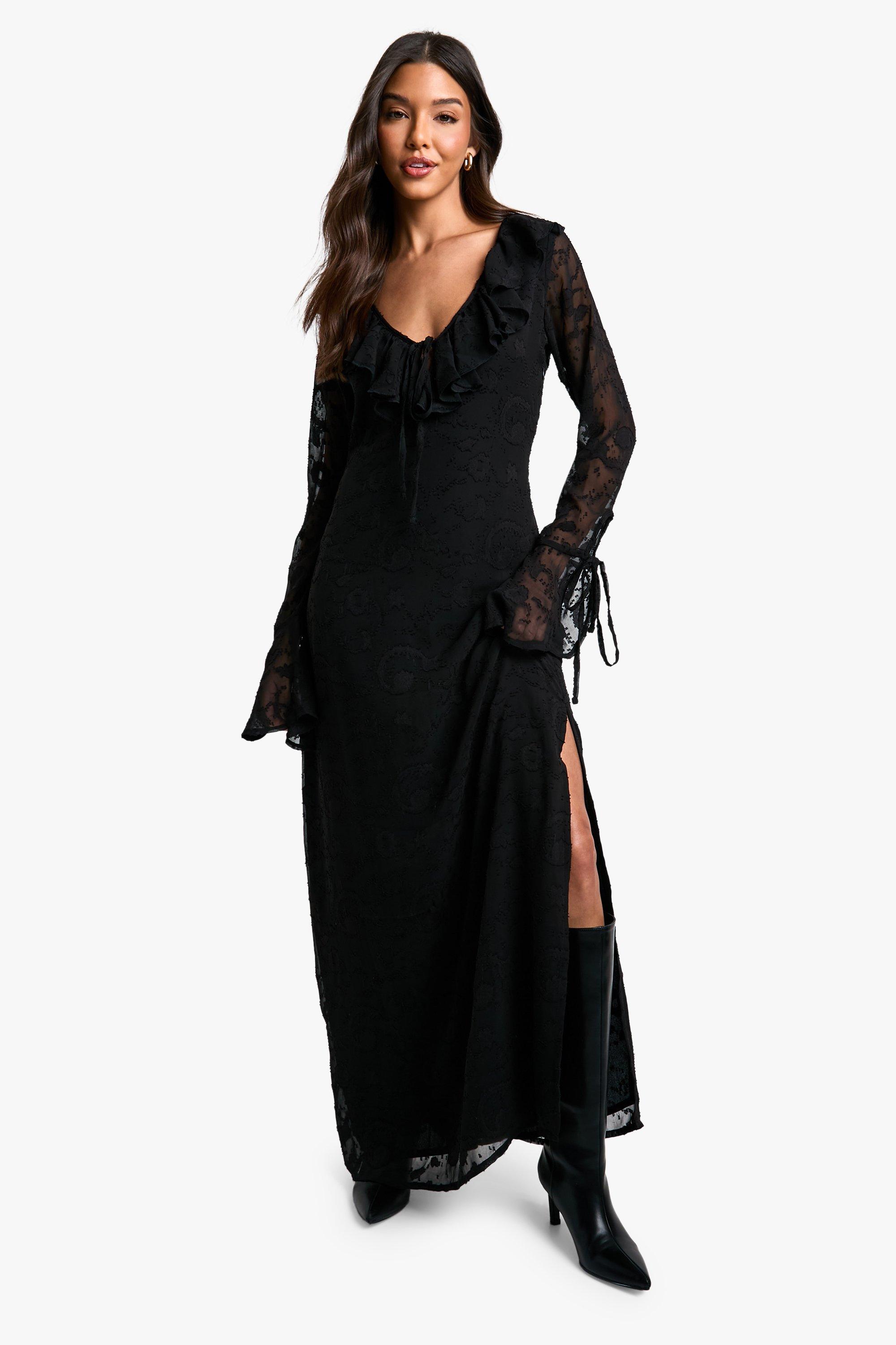 Boohoo Paisley Maxi Jurk Met Textuur En Wijde Mouwen, Black