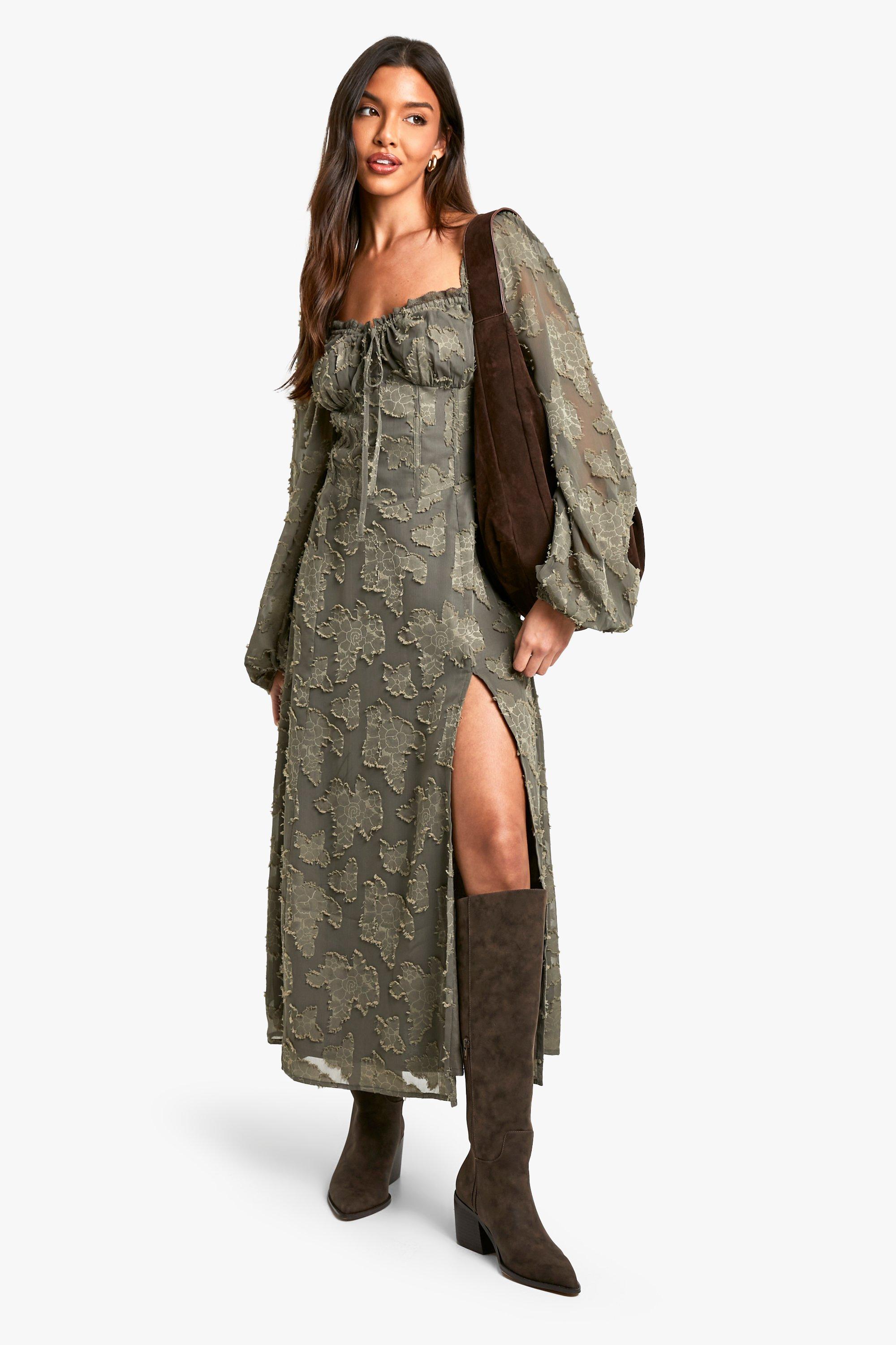Boohoo Burnout Bloemen Melkmeisjes Skater Jurk, Dark Olive