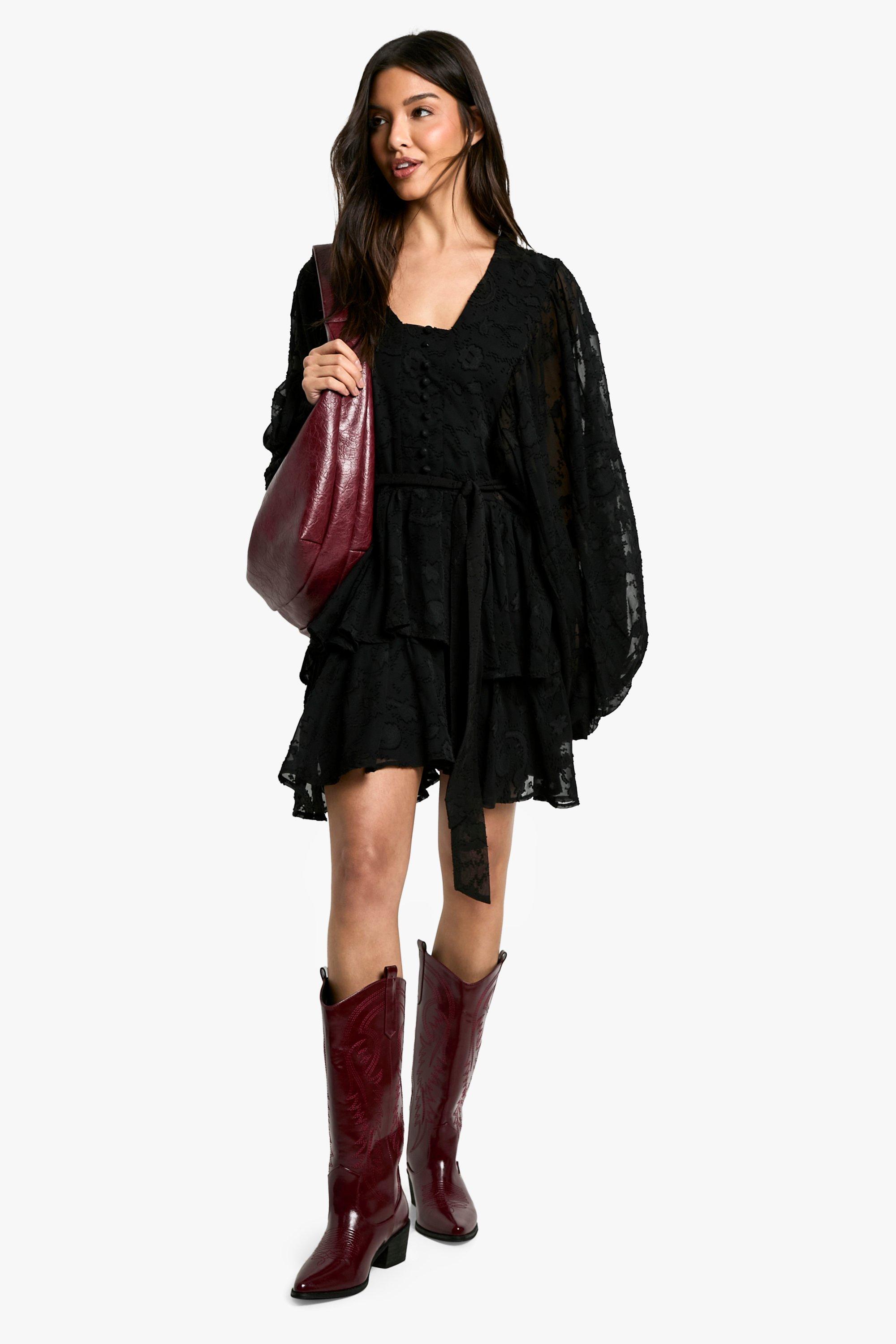 Boohoo Paisley Burnout Skater Jurk Met Laagjes En Ceintuur, Black