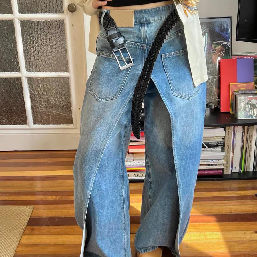 CrestLink Retro gewassen, omkeerbare, afslankende, wijde, imitatie, tweedelige, gedeconstrueerde denimbroek voor dames L blauw
