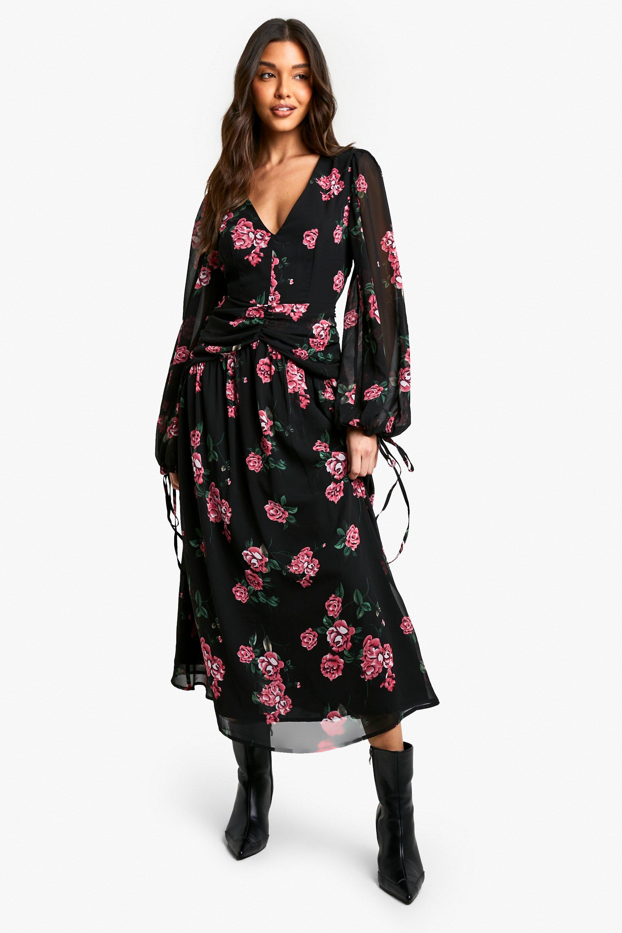 Boohoo Chiffon Bloemen Midaxi Jurk Met Geplooide Taille, Black