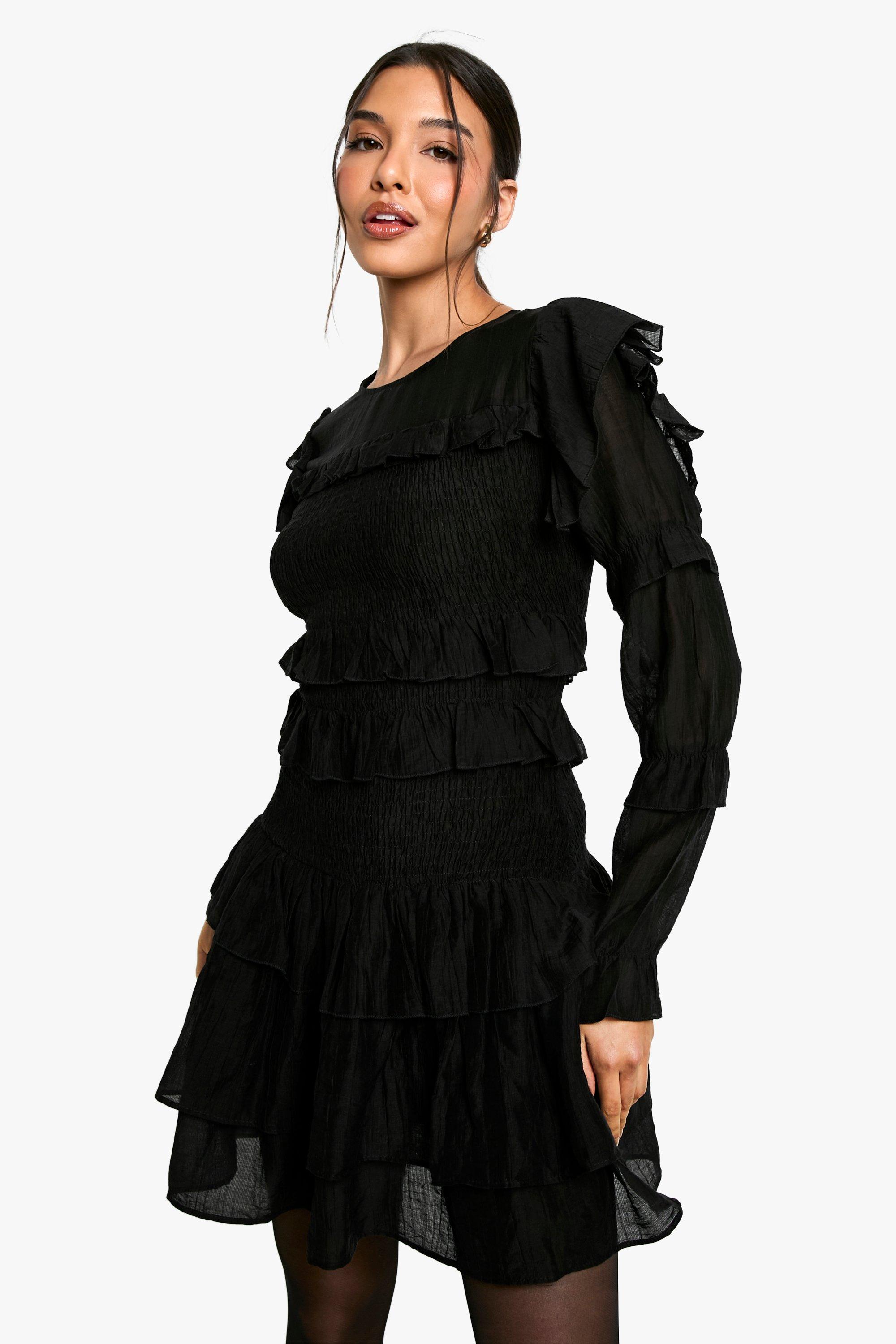 Boohoo Doorschijnende Mini Jurk Met Lange Mouwen En Ruches, Black