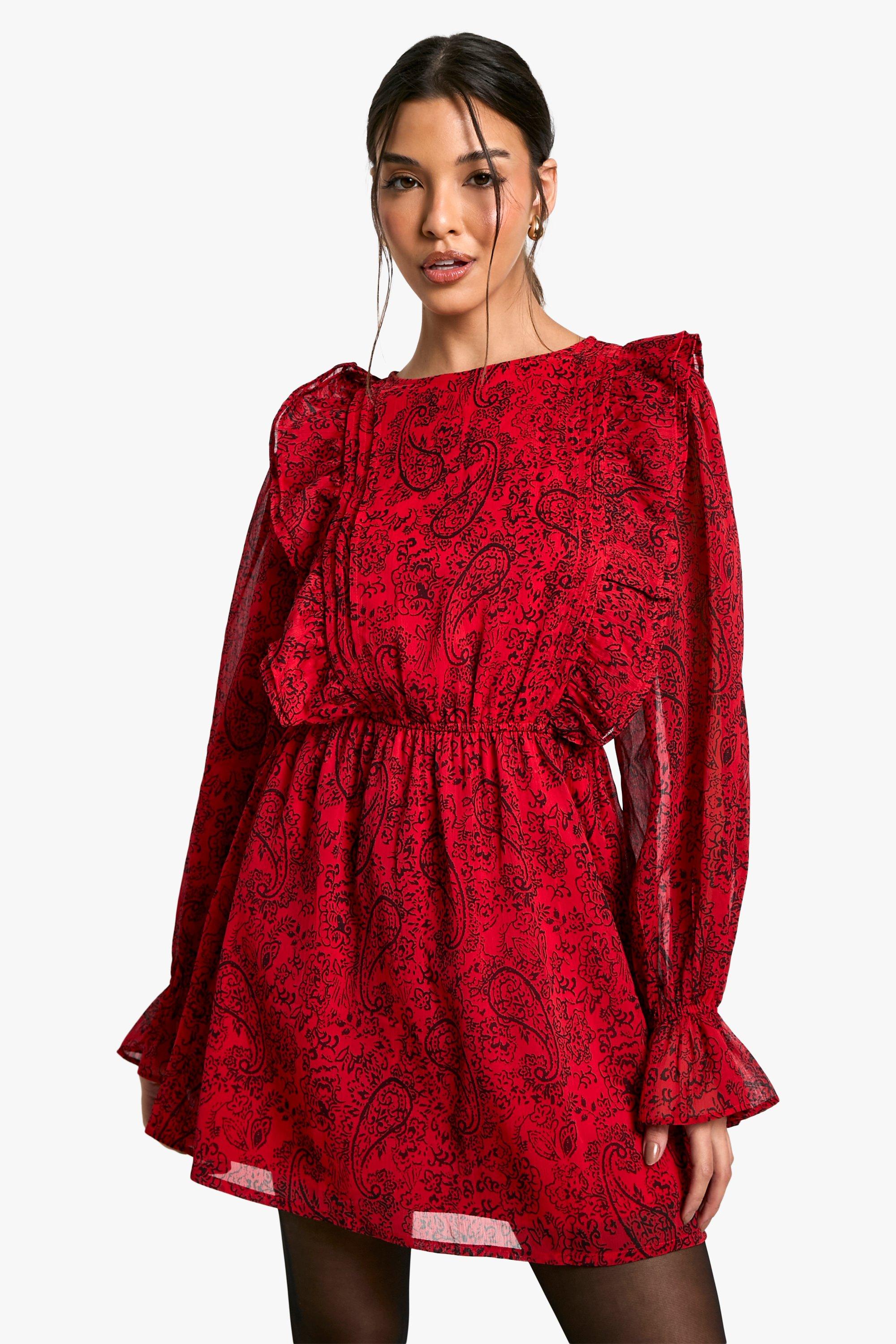 Boohoo Paisley Skater Jurk Met Ruches, Red