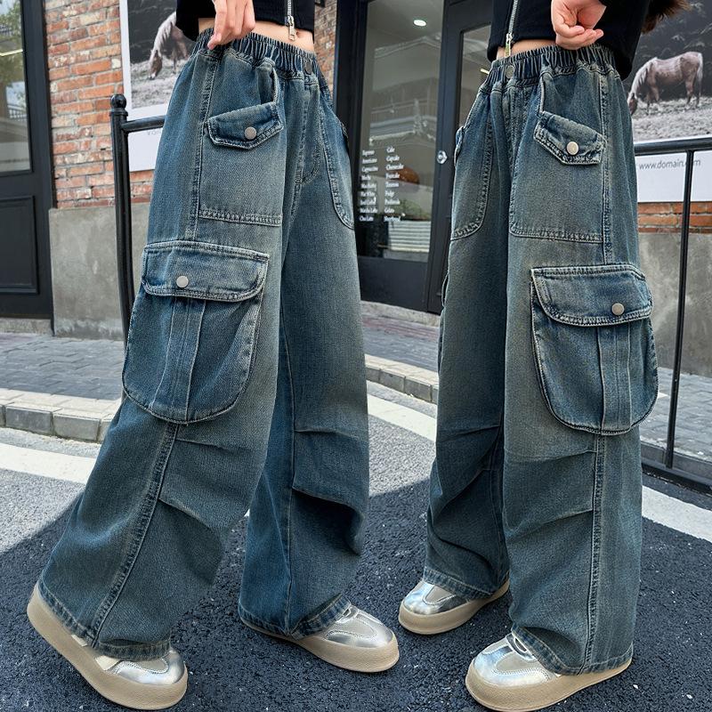 Five Fine Meisjes Grote Zakken Jeans Mode Casual Werkkleding Wijde Pijpen Broek Lente Zomer Kinderen Dagelijks Comfortabele Oversized Broeken Kinderen Onderkant 150 blauw