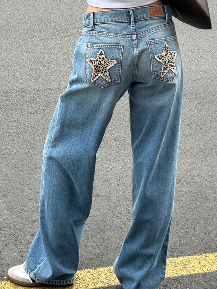Fantastic wardrobe Leopard Star Patchwork Dames Jeans Vintage Hoge Taille Losse Casual Rechte Wijde Pijpen Broek Harajuku Streetwear Y2k Pantalones S